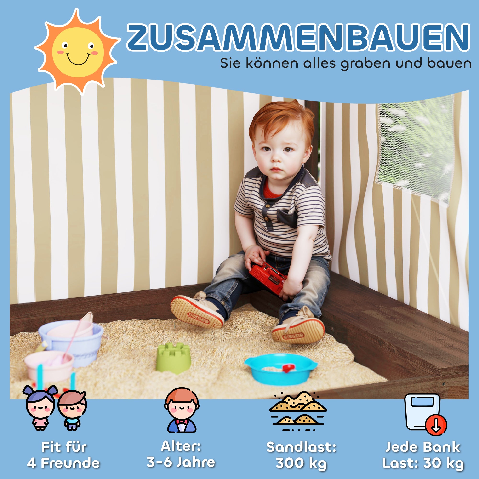 AIYAPLAY Sandkasten, Sandkiste mit Vordach und Netztür, Sitzbänke, Bodenschutz, Braun