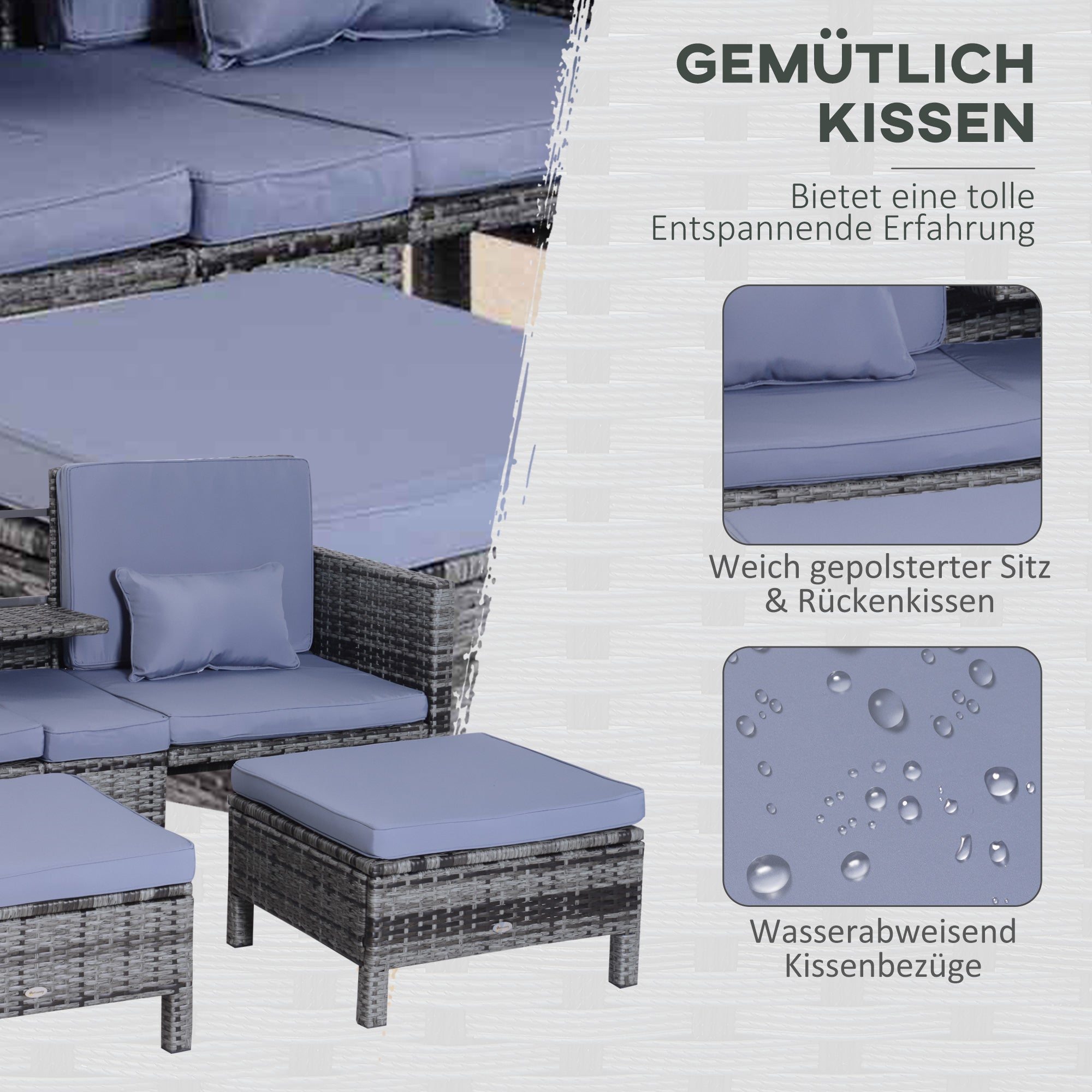 Outsunny Gartengarnitur, Sitzgruppe, 3-tlg., Outdoor-Sofa, 2 Hocker, 2-5 Personen, Sitzkissen, Rattanoptik, grau