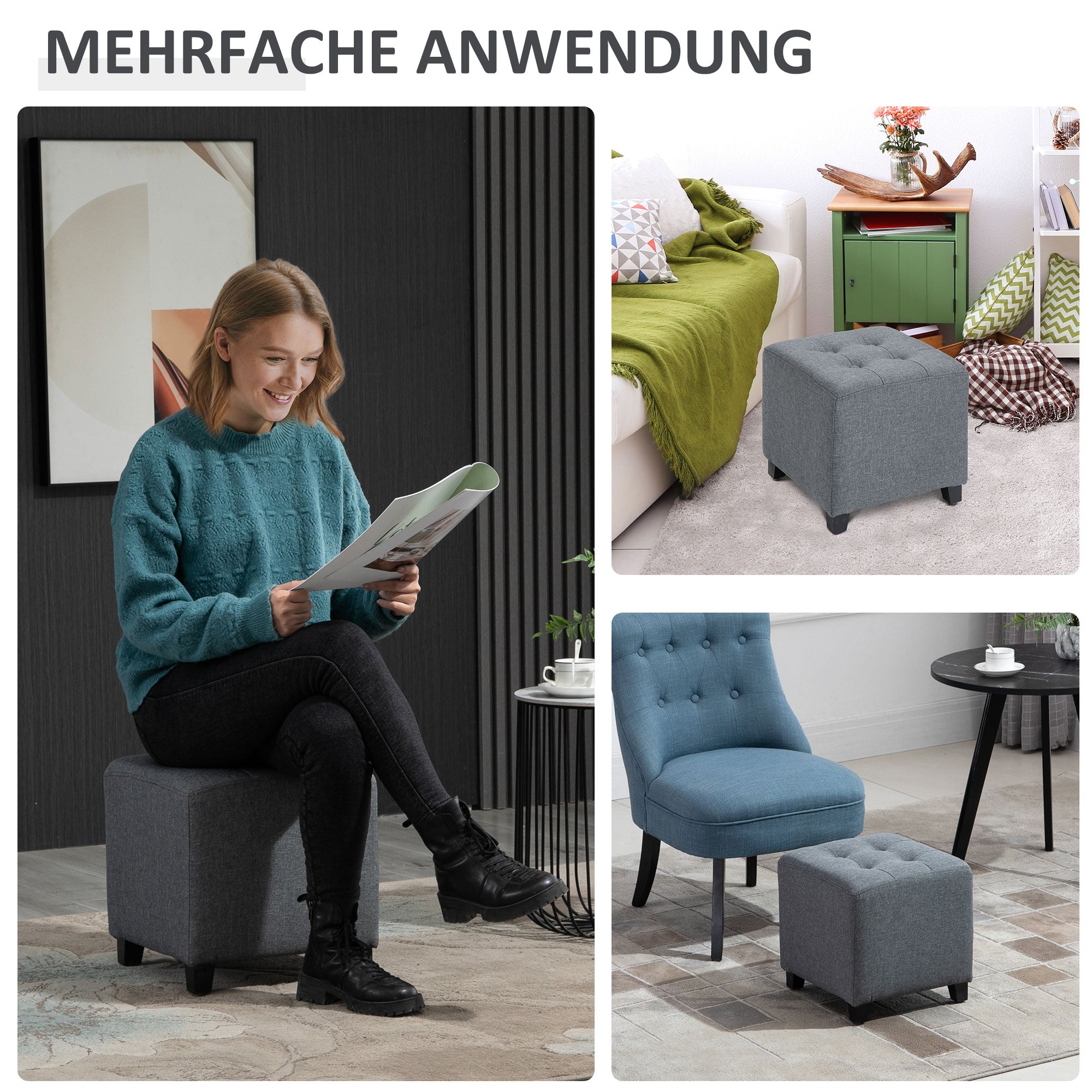 HOMCOM Hocker Sitzhocker, Knopfheftung, Leinenoptik, 35 cm x 35 cm x 35 cm, Grau