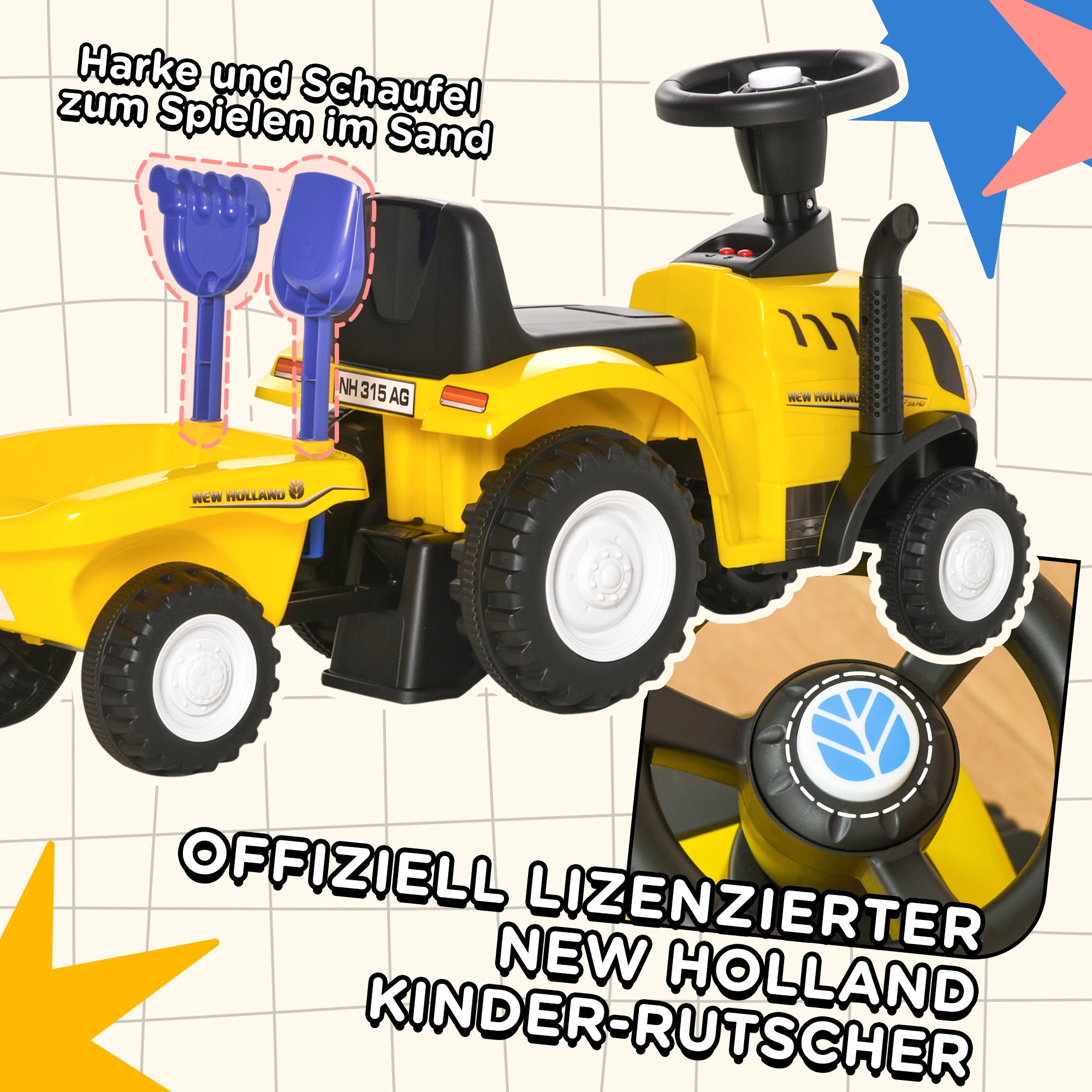 HOMCOM Rutsch-Traktor mit Anhänger, Hupe, Sandspielzeug, ab 1 Jahr, Kunststoff+Metall, gelb, 91 x 29 x 44cm