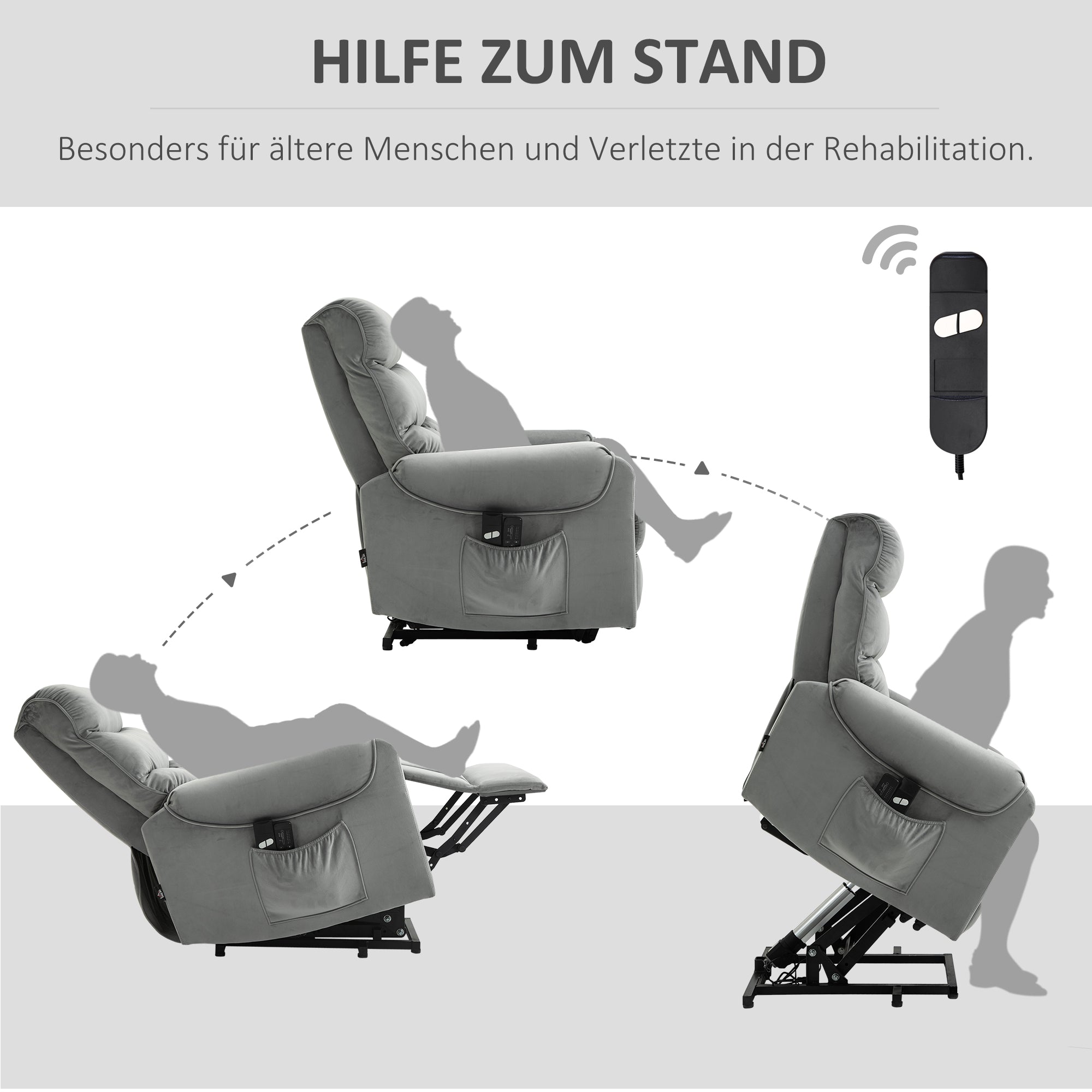 HOMCOM Aufstehhilfe Relaxsessel TV Sessel mit schlaffunktion elektrischer Fernsehsessel mit Liegefunktion Samtartiges Polyester Metall Schaumstoff Hellgrau 79 x 97 x 103 cm