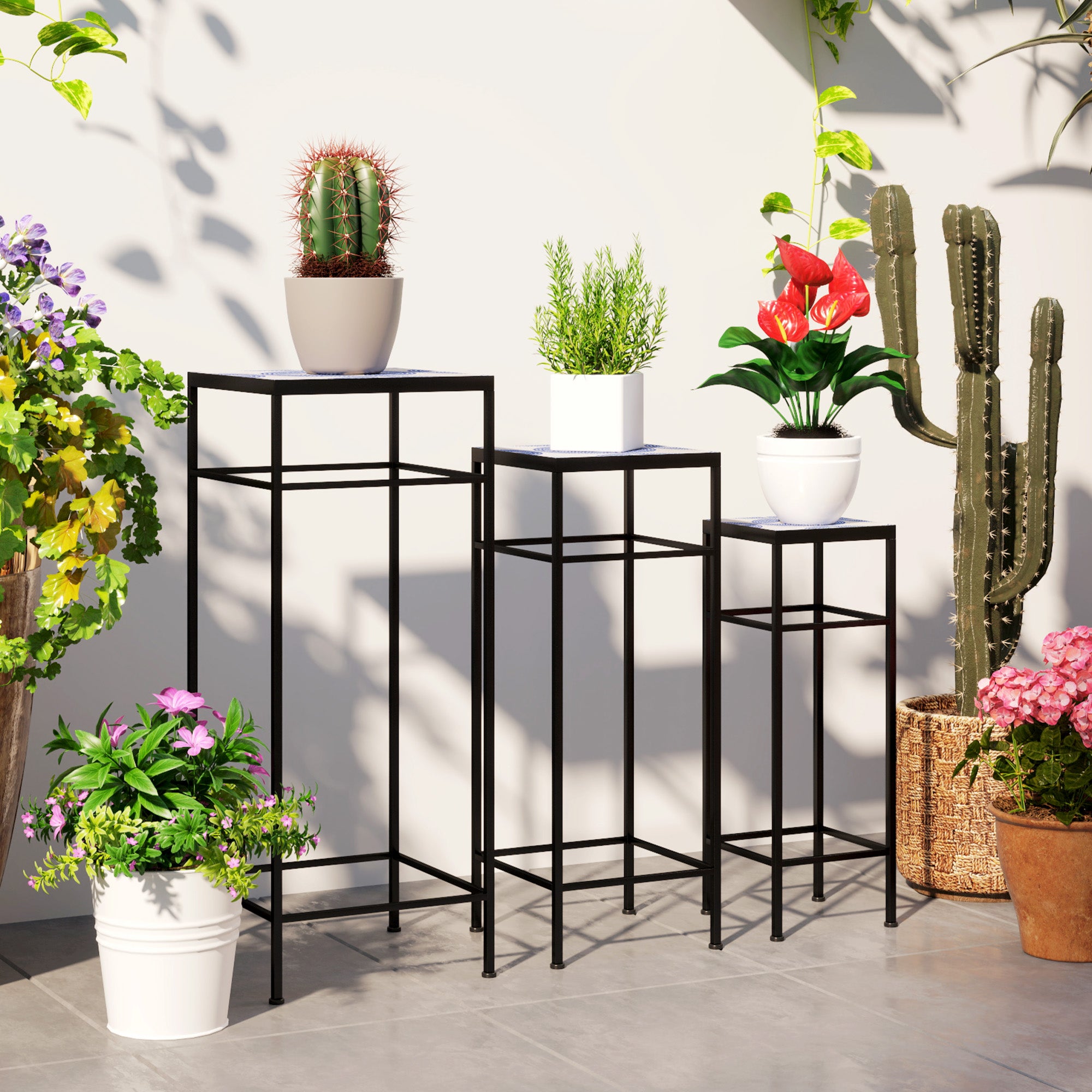 Outsunny 3er-Set Pflanzenständer, 3 verschieden große Gestelle zum Präsentieren von Blumen und anderen Gegenständen, Blau+Weiß