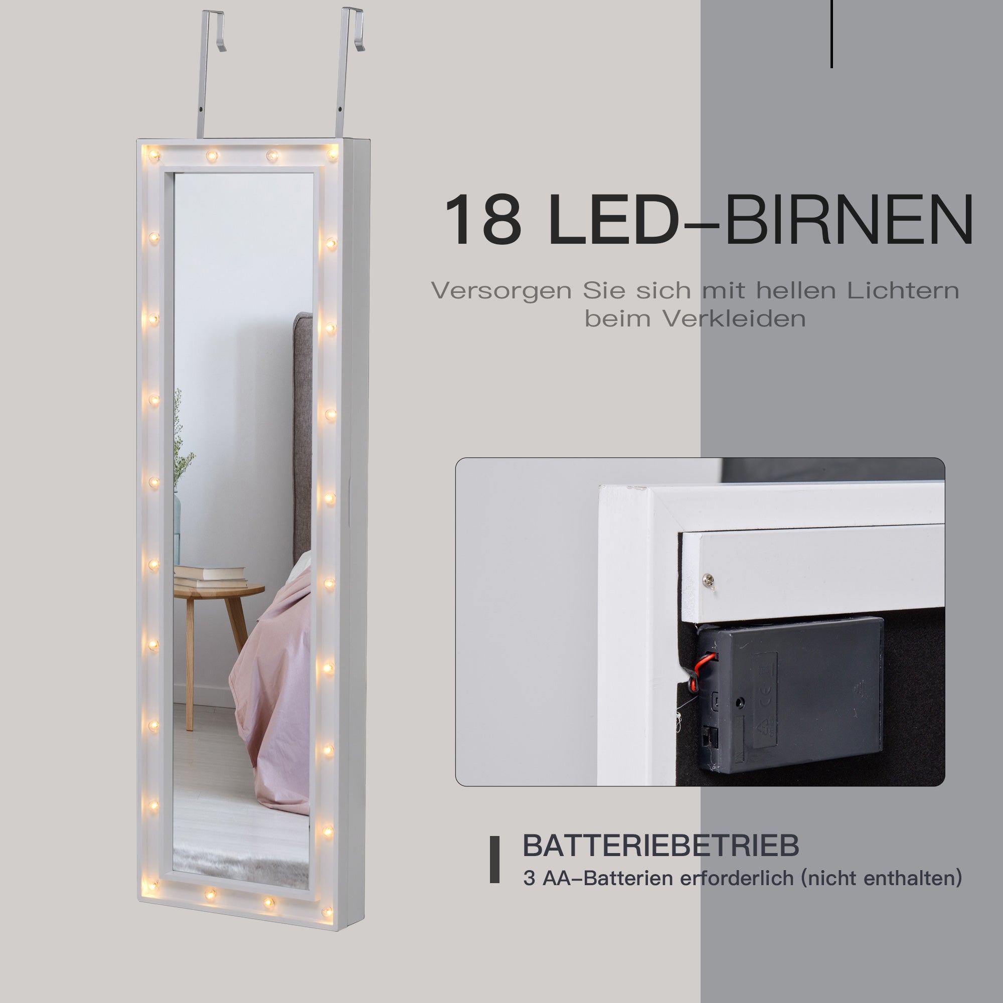 HOMCOM LED Schmuckschrank Aufhängbarer 2 in 1 Schmuckregal Spiegelschrank Türmontage MDF Weiß 36,6 x 8 x 120 cm