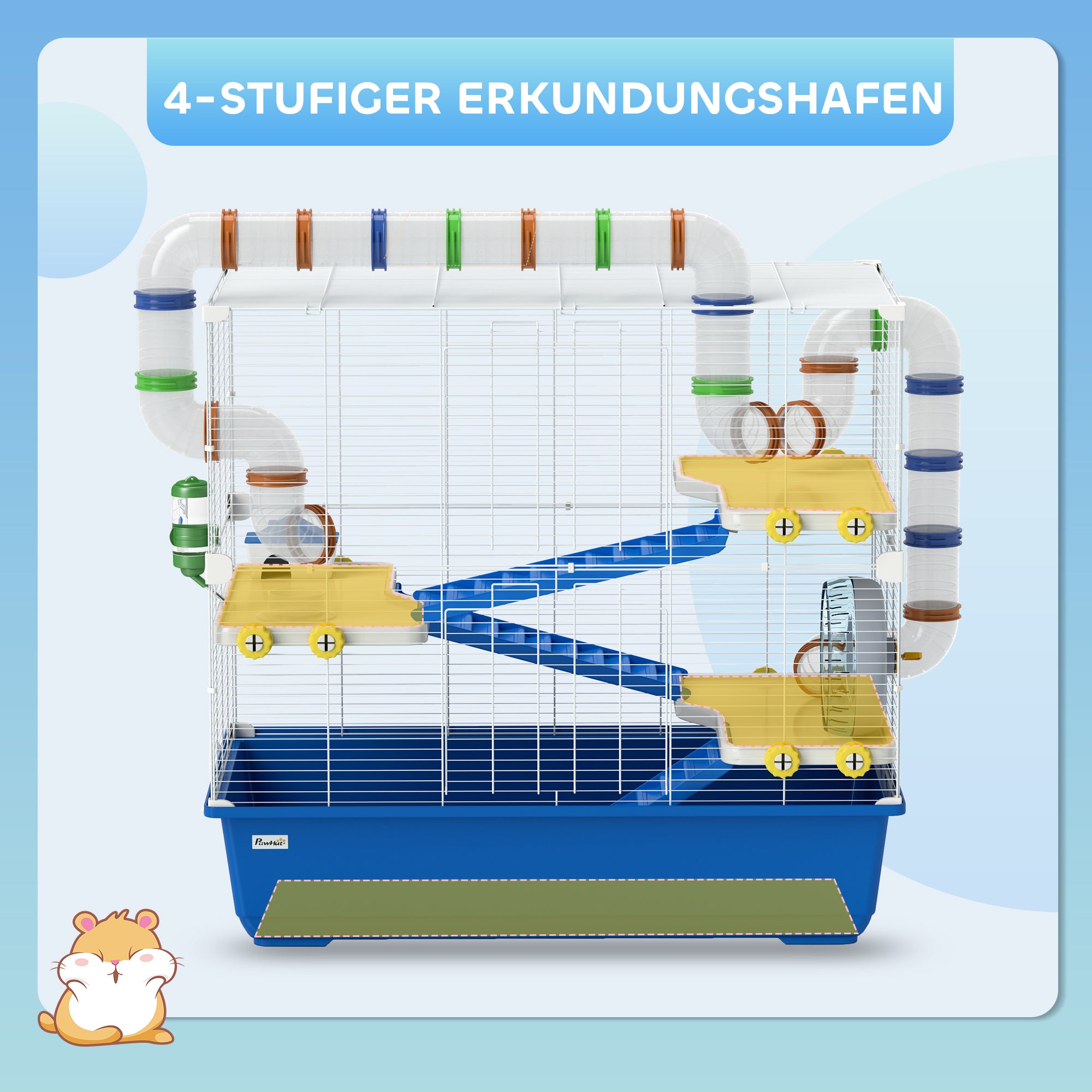 PawHut Hamsterkäfig mit 4 Ebenen, Kleintierkäfig mit Tunnelsystem, Hütte, Laufrad, für Zwerghamster, 78 x 45 x 73 cm, Blau