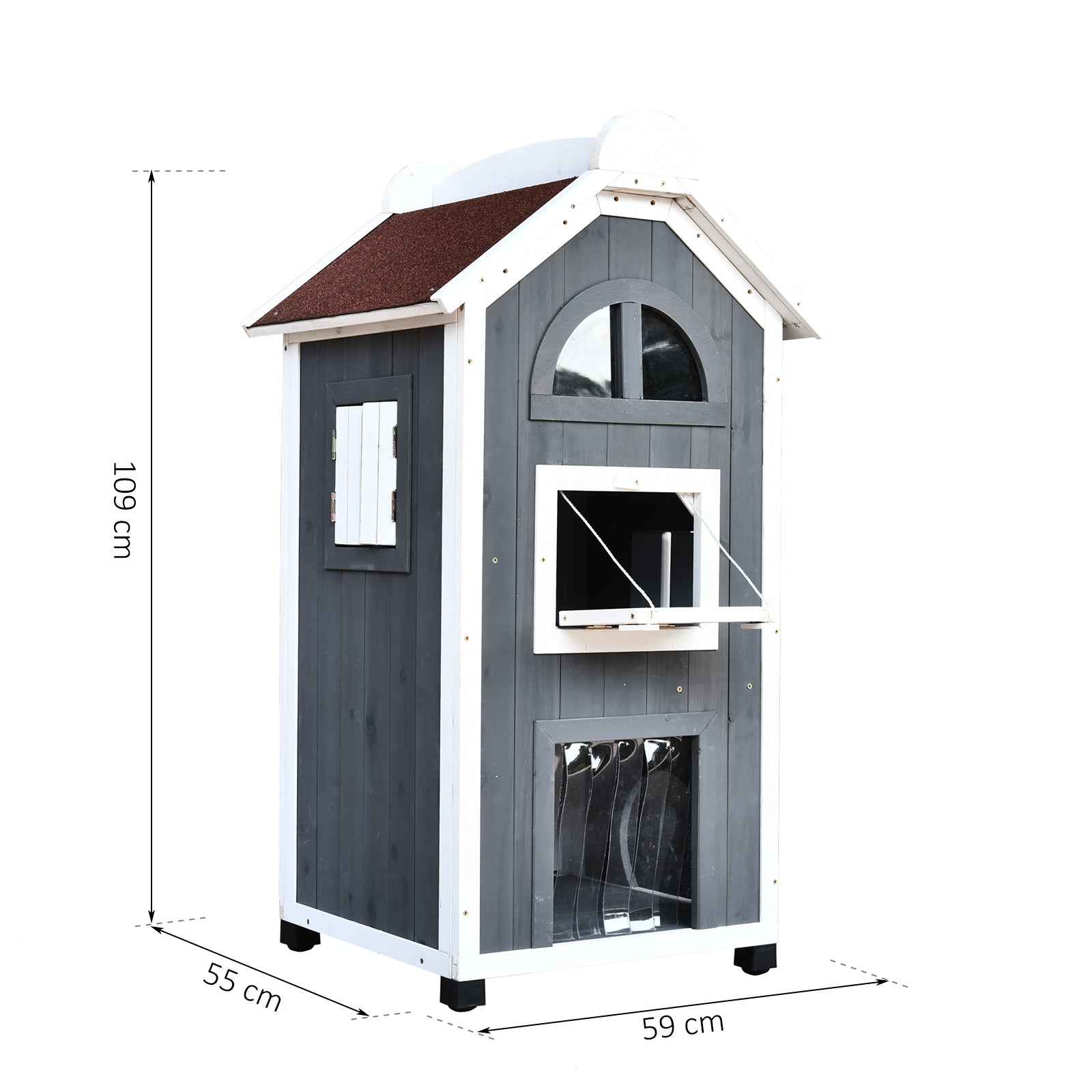 PawHut Katzenhaus für Katzenbett oder Katzentoilette, Katzenschrank, Katzenklo Indoor, Tannenholz, Asphaltdach, Grau, 59 x 55 x 109 cm