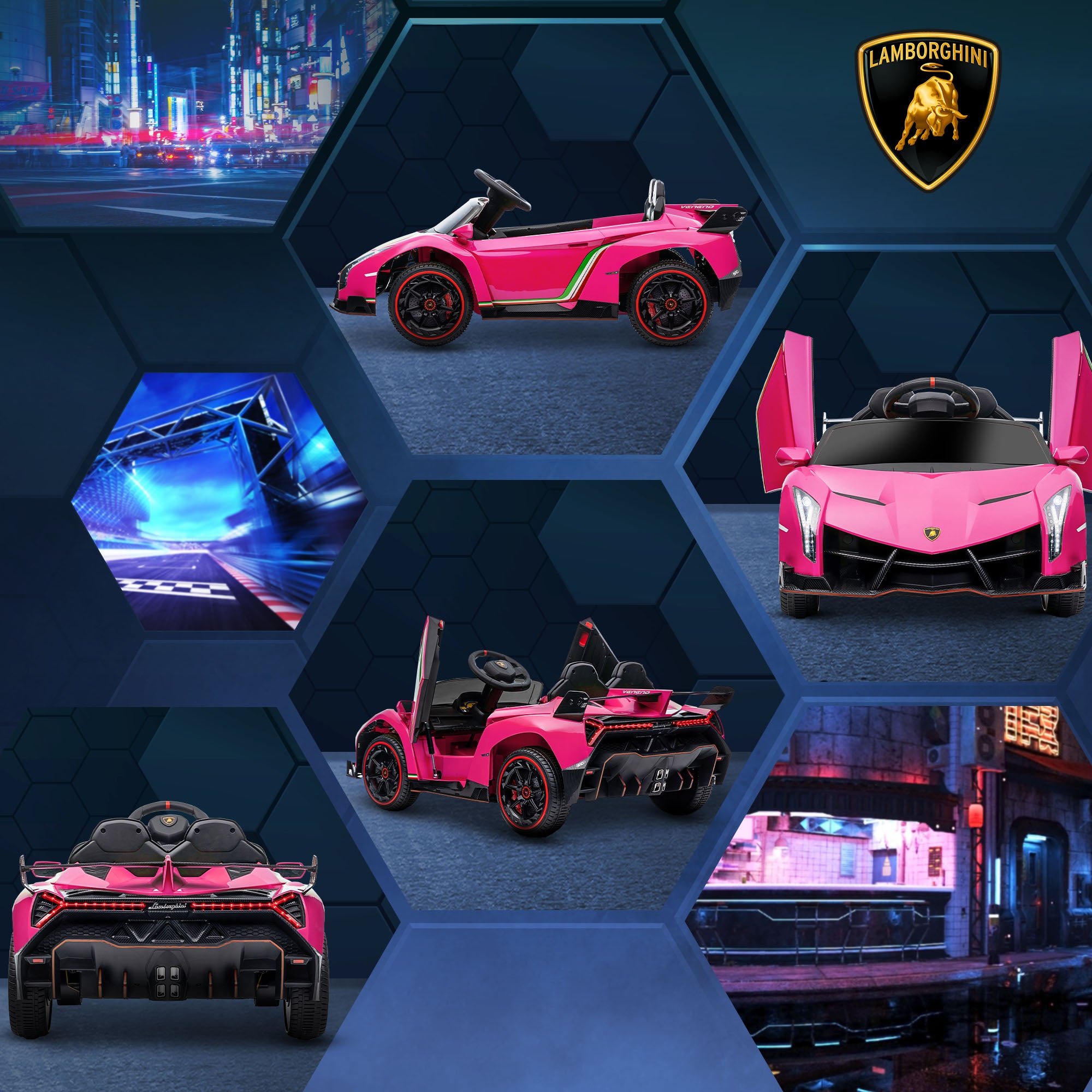 HOMCOM Elektro Kinderauto, lizenzierter Lamborghini Veneno, 3-7 km/h, Flügeltüren, Musikplayer, Fernsteuerung, pink