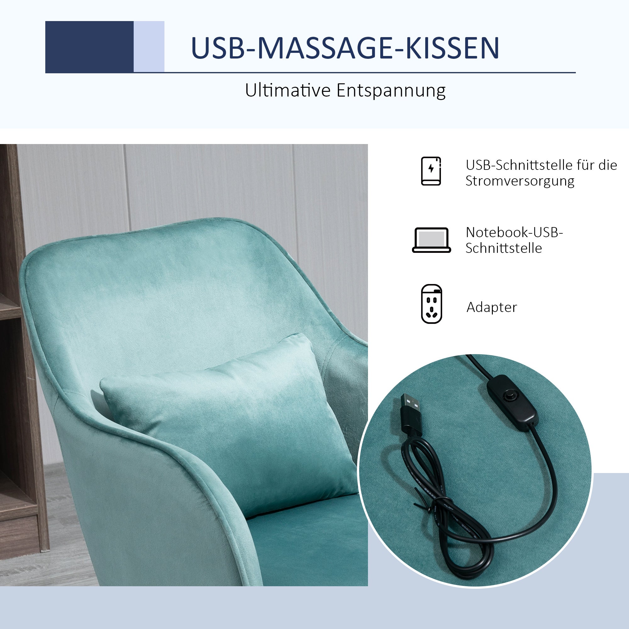 Vinsetto Massage-Bürostuhl in Samtoptik Lendenkissen mit Vibrationsmassage bis 115 kg USB-Schrittstelle höhenverstellbar 57B x 70T x 78-86H cm Grün