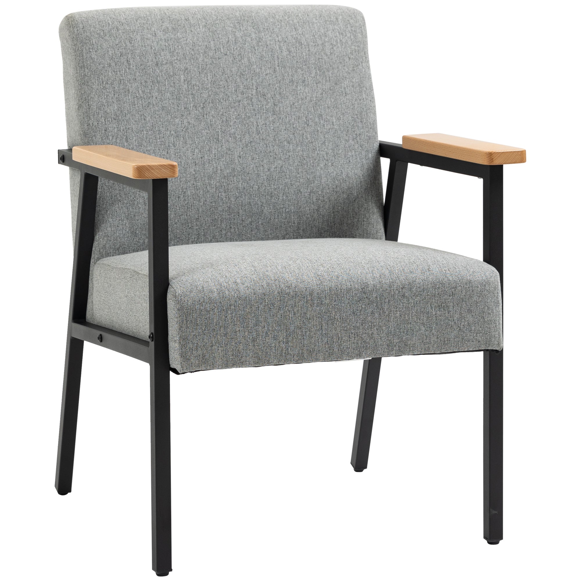 HOMCOM Akzentsessel im Skandidesign, Ruhesessel ,Akzentstuhl, Leinenoptik, Kautschukholz, Grau + Schwarz + Braun
