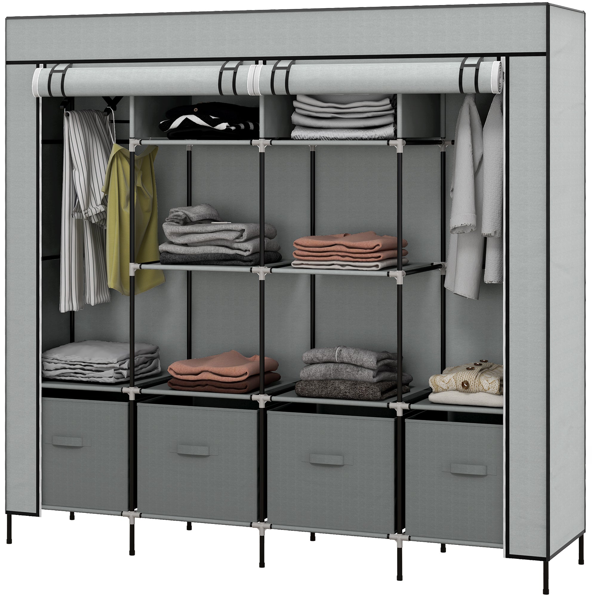 HOMCOM Kleiderschrank Stoffschrank, Türen, 2 Kleiderstangen, 10 Fächer, Grau