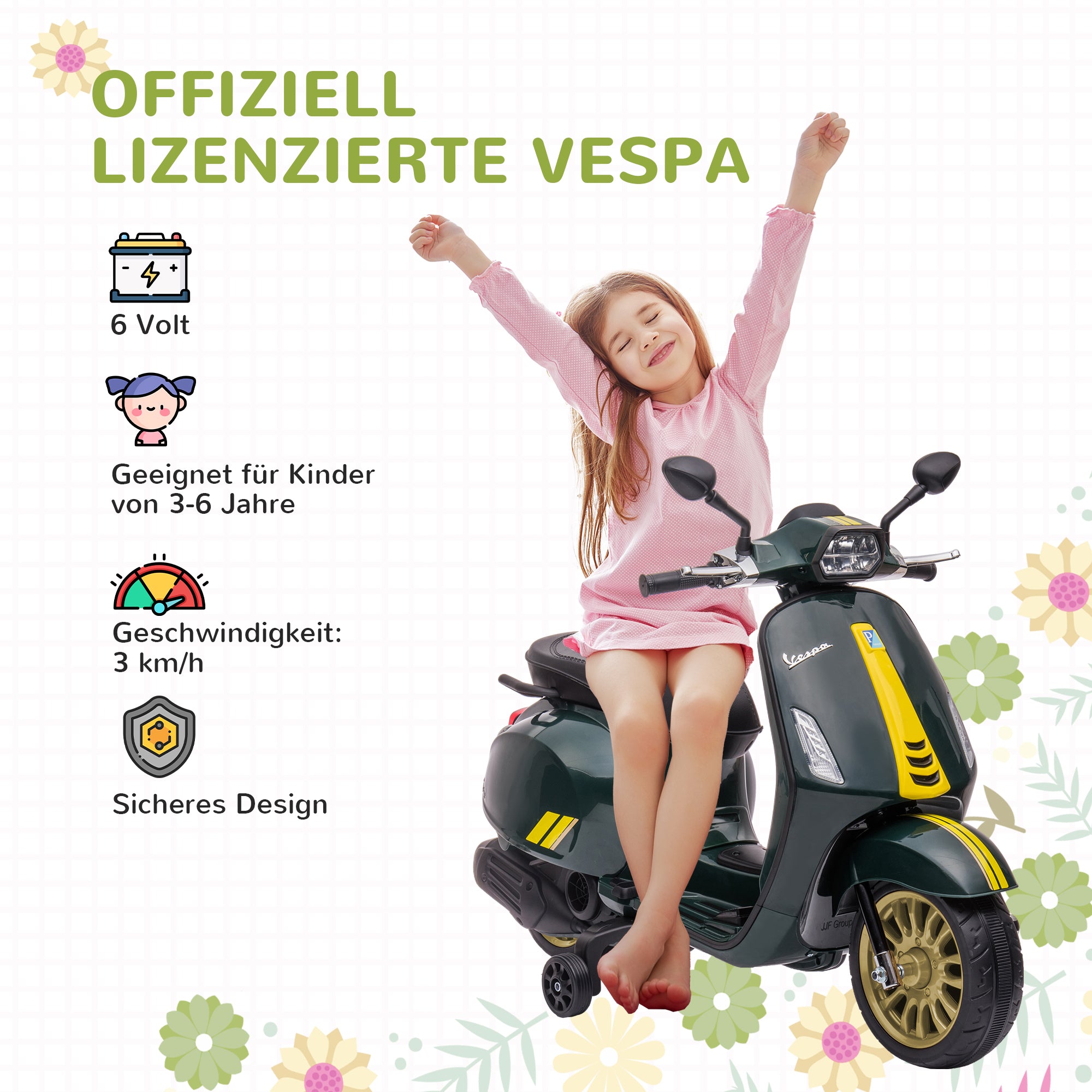 AIYAPLAY Elektro-Kindermotorrad, Vespa, 3 km/h, 3-6 Jahre, Musik, Licht & Radio, Dunkelgrün