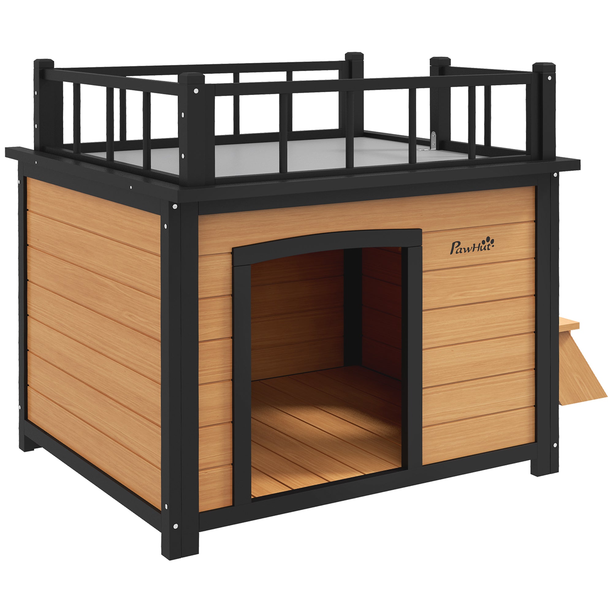 PawHut Hundehütte mit Dachterrasse, wetterfest, Holz, 121x77x78cm, Schwarz/Gelb
