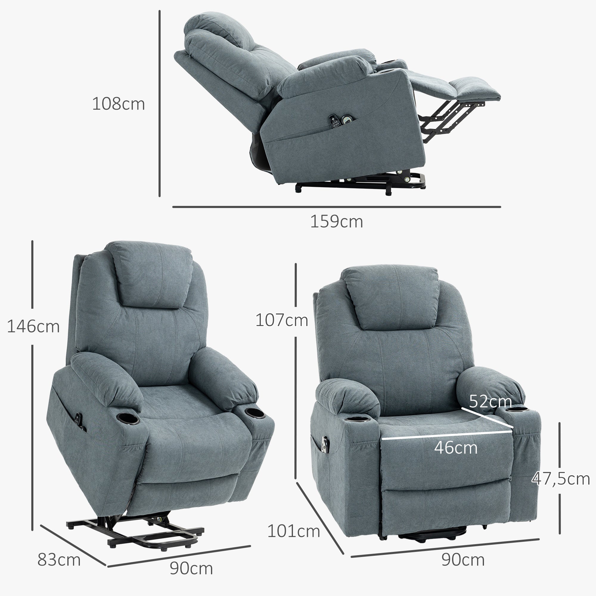 HOMCOM Massagesessel  Aufstehhilfe Seniorensessel, 8 Massagepunkte, Seitentaschen, Fernbedienung, 90L x 101B x 107 cm, Grau