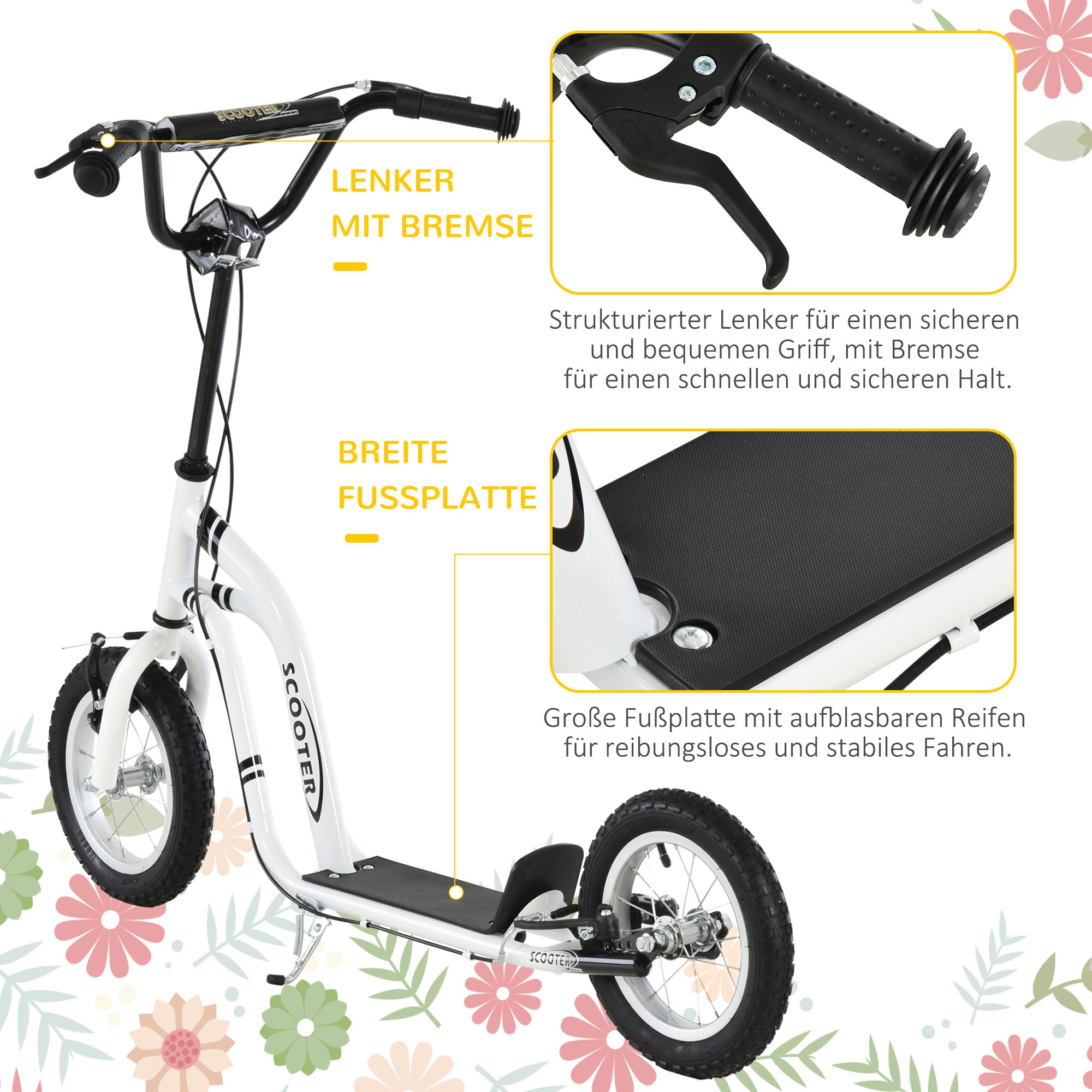 HOMCOM Kinderroller ab 5 Jahre Scooter Kinderscooter Tretroller Cityroller Kinder Roller Kickboard mit Luftreifen 12 Zoll Gummi Aluminium Weiß 120 x 58 x 85-95 cm