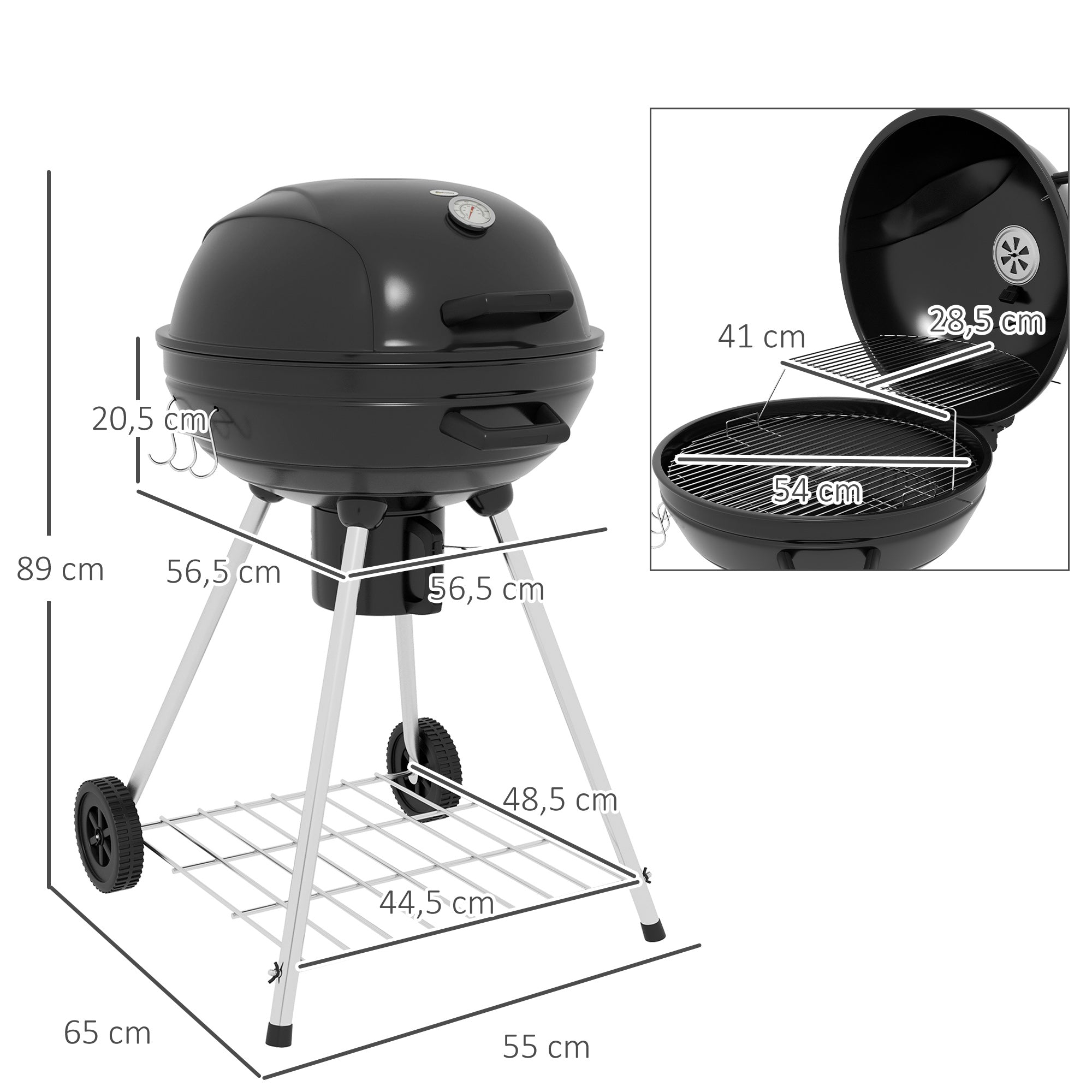 Outsunny Kugelgrill, Ø54 cm Grillrost, Warmhalterost, Ablage, Aschefach, Thermometer, 55 x 65 x 89 cm, Schwarz