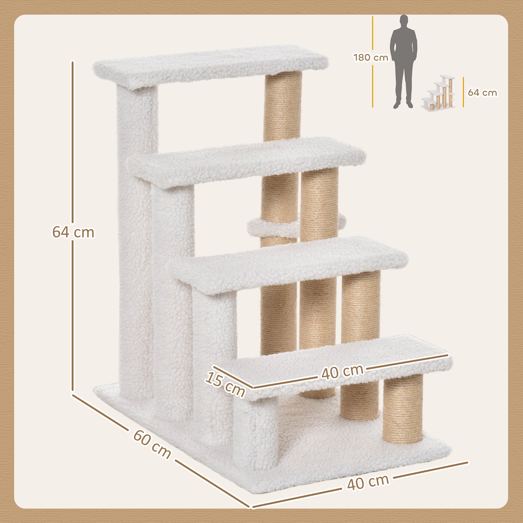 PawHut Katzentreppe 4-stufige Haustiertreppe mit Kratzsäulen Ball Hundetreppe Tiertreppe für Katzen bis 5 kg Plüsch Jute Weiß 60 x 40 x 64 cm