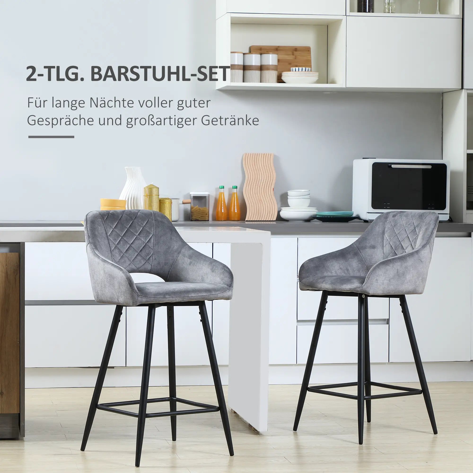 HOMCOM 2er-Set Barhocker im Retrodesign, Samtoptik, inkl. Fußstütze 50 cm x 56 cm x 98 cm Grau
