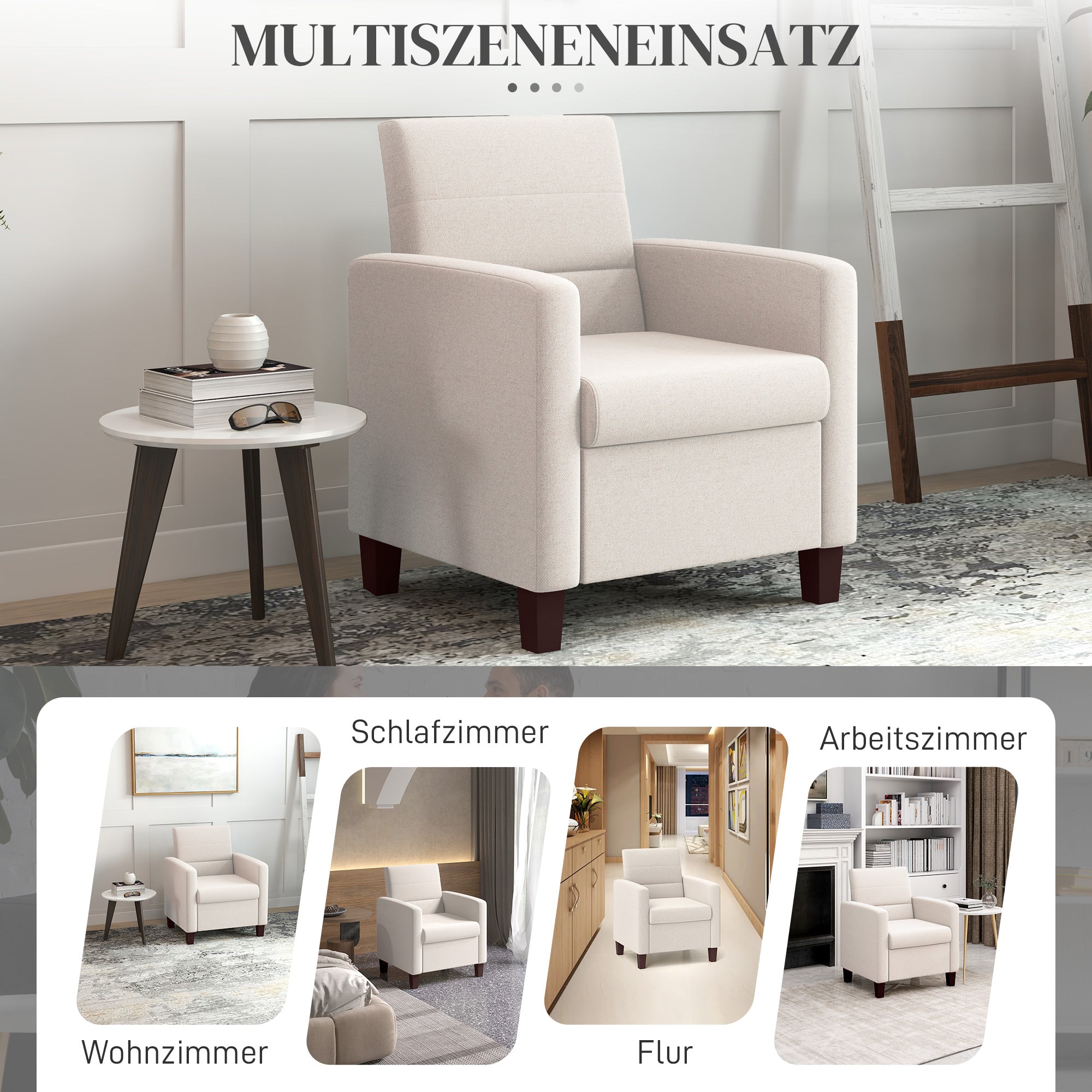 HOMCOM Polstersessel in Leinenoptik, Schaumstoff, Sitzkissen, Holzrahmen, Cremeweiß