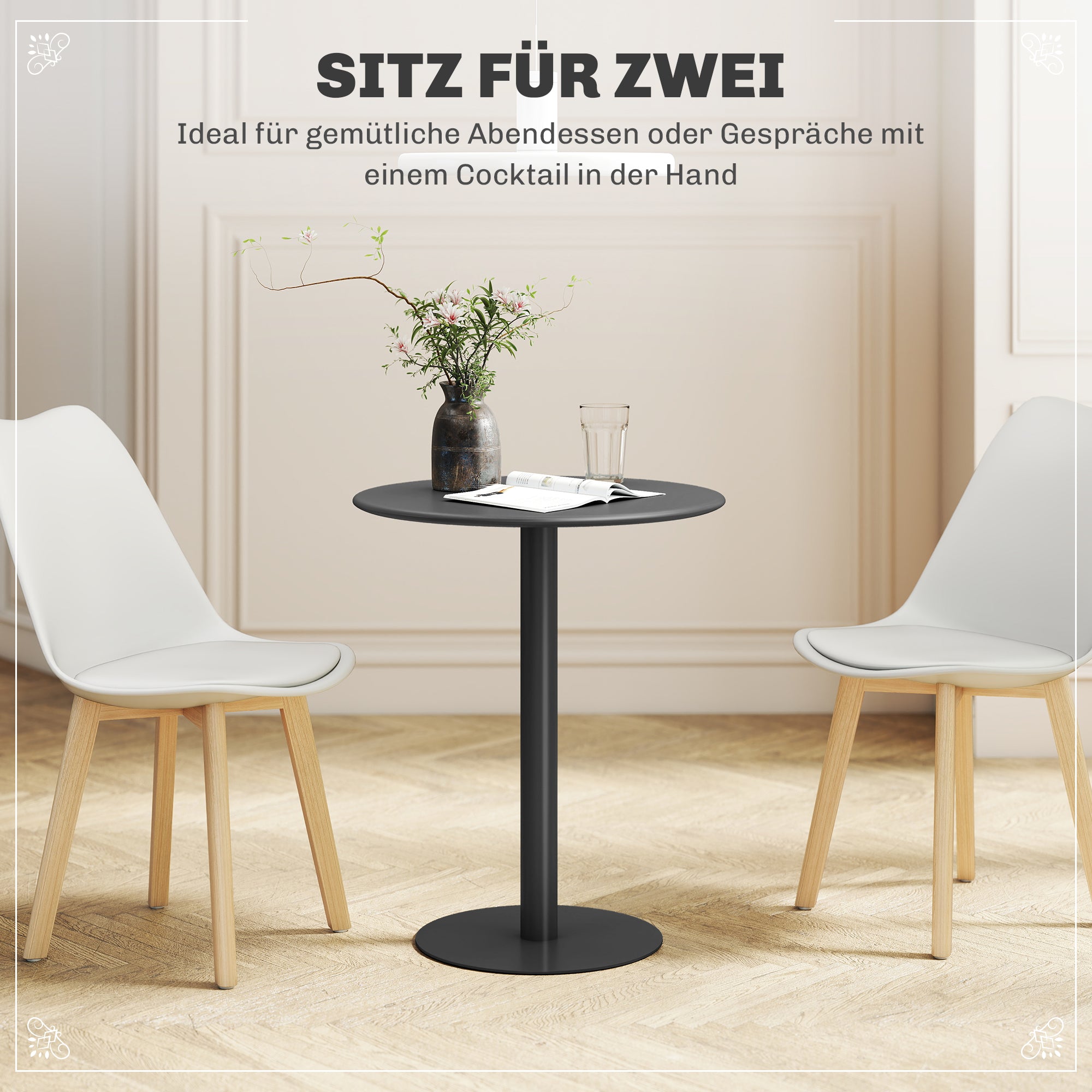 HOMCOM Runder Esstisch für 2 Personen, Stahl, für drinnen und draußen, Schwarz
