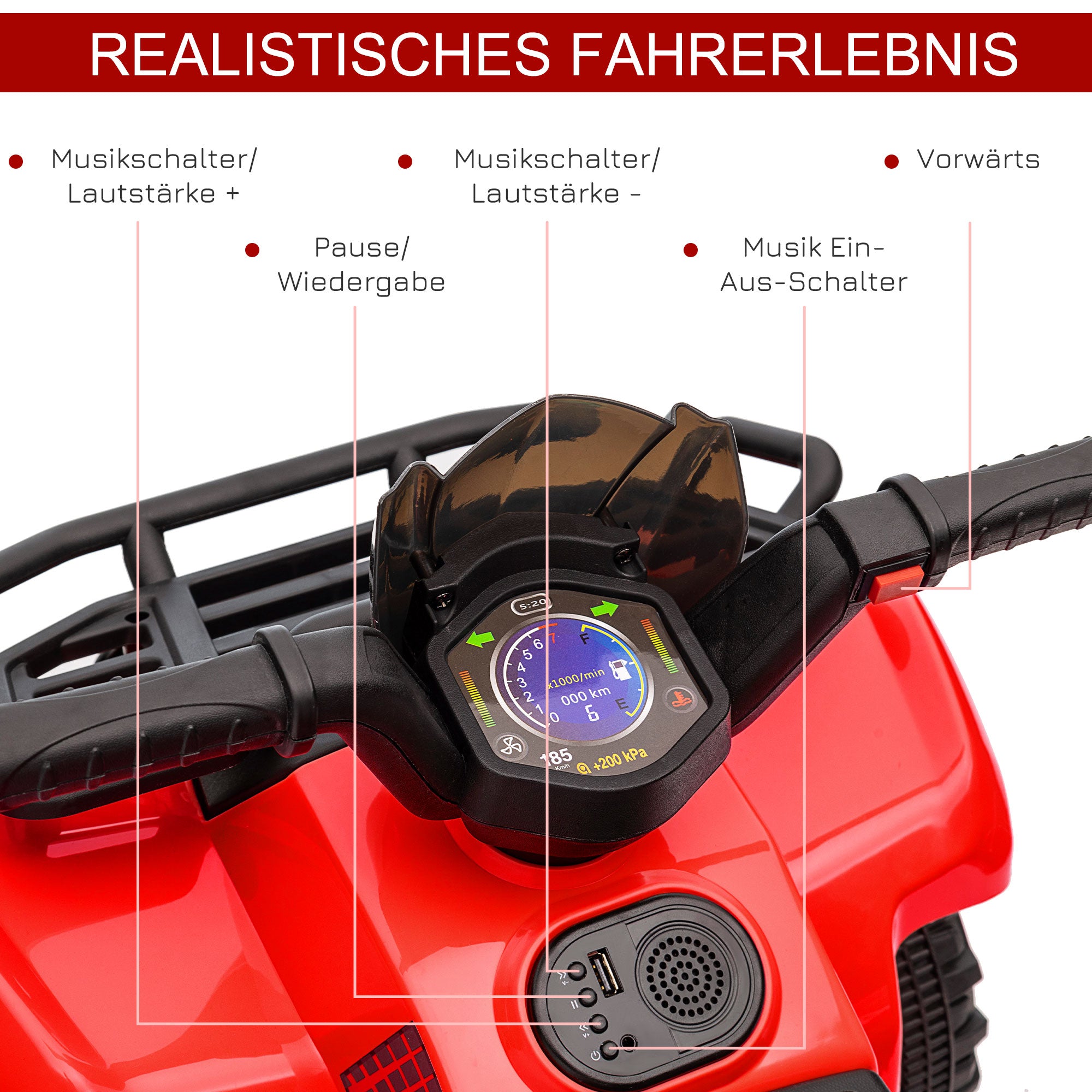 HOMCOM Kinder Quad Elektro 6V Kinderquad mit Vorwärtsfunktion, Musik, Elektro-Quad für Kinder 1,5-3 Jahre Rot