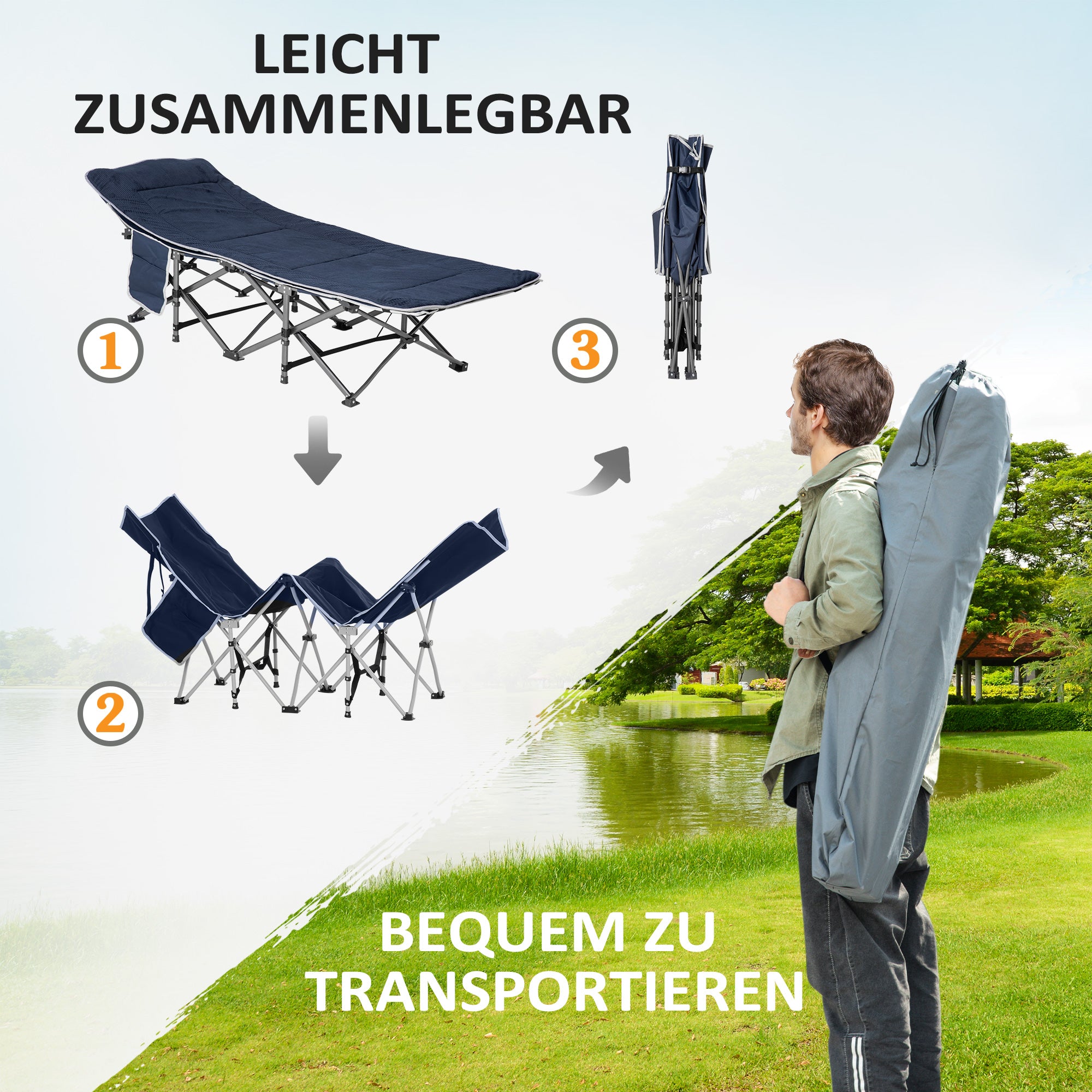 Outsunny Campingbett, klappbares Feldbett mit Kopfkissen, 188 x 64,5 x 53 cm, Dunkelblau