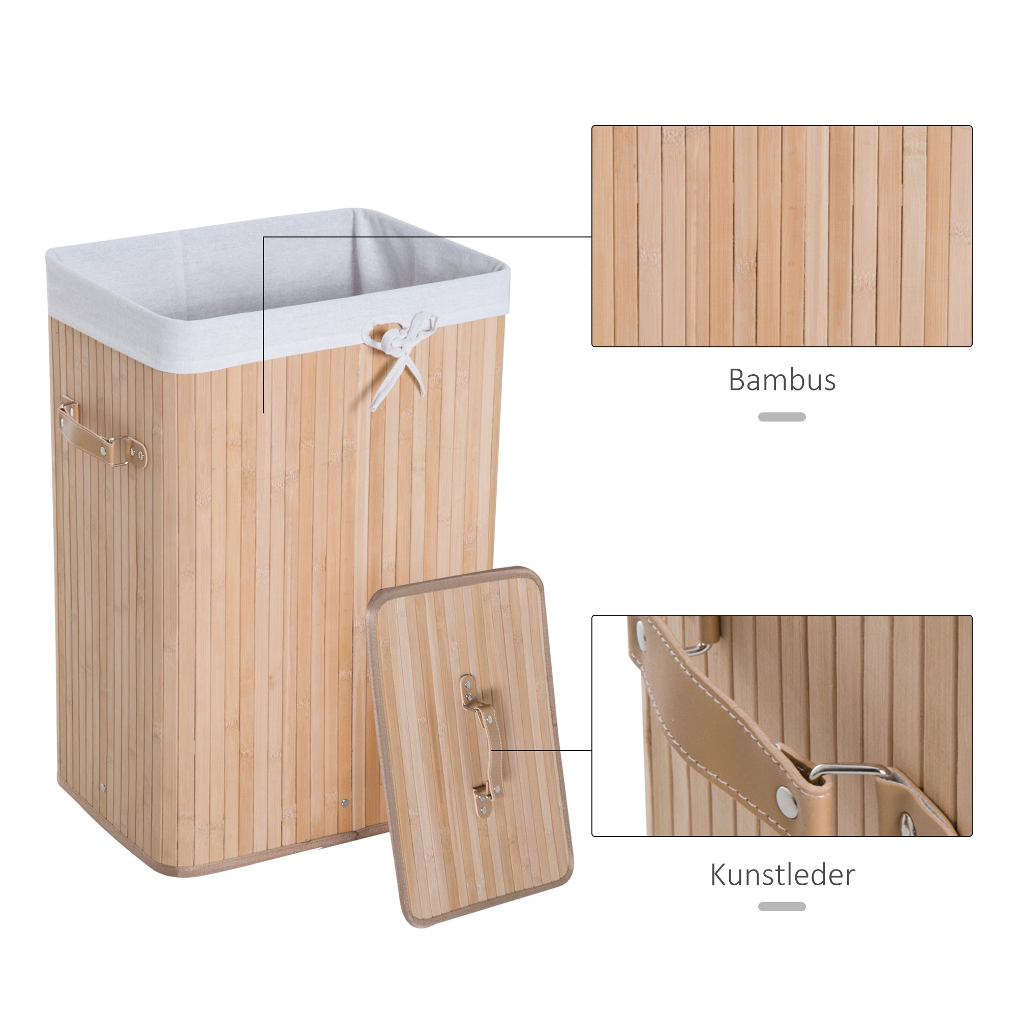 HOMCOM Wäschekorb schmal mit Deckel 72L Wäschesammler mit Griff, herausnehmbarer Wäschesack, Wäschebox für Waschküche Schlafzimmer Badezimmer Natur