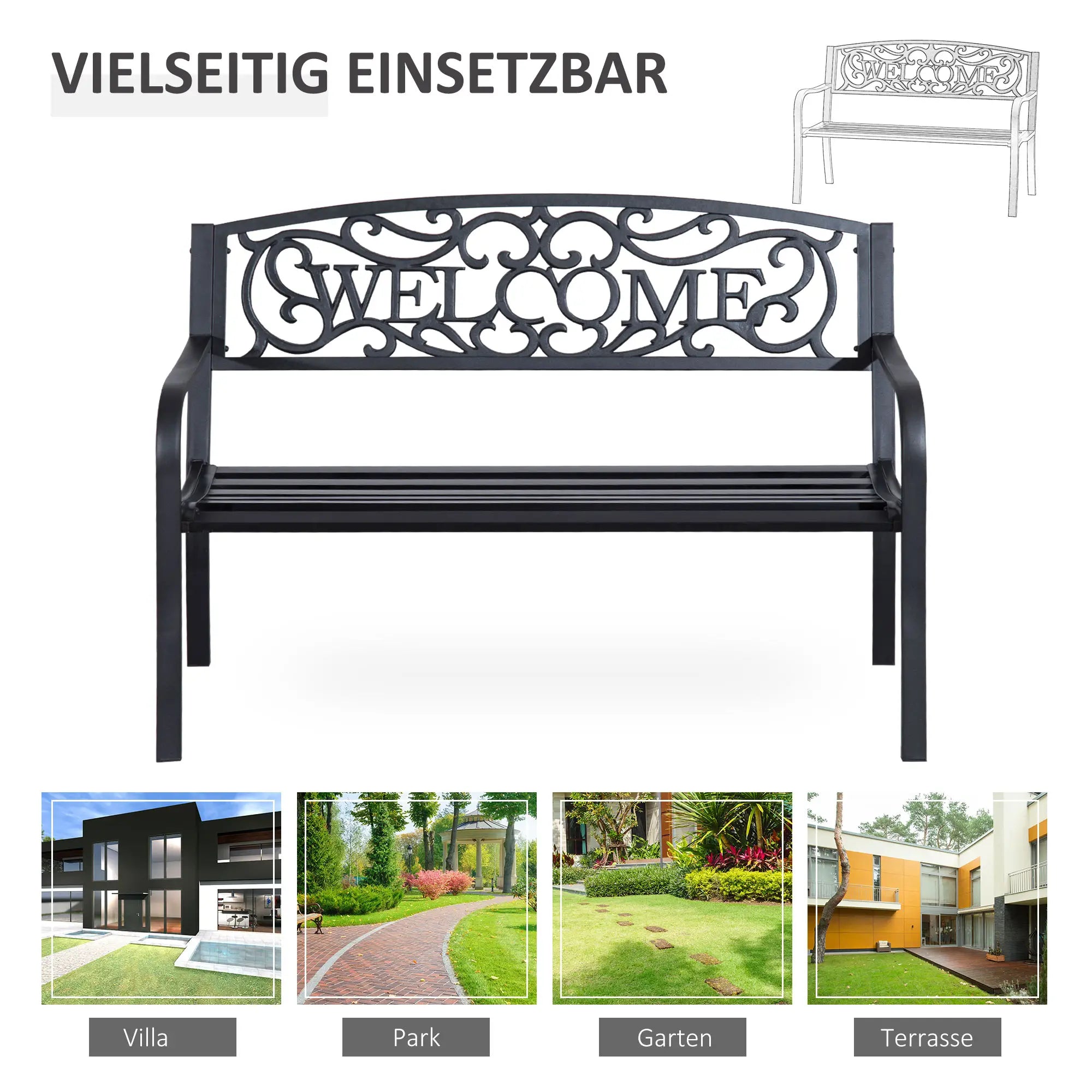 Outsunny Gartenbank 2-Sitzer dekoratives Welcome-Design wetterfest