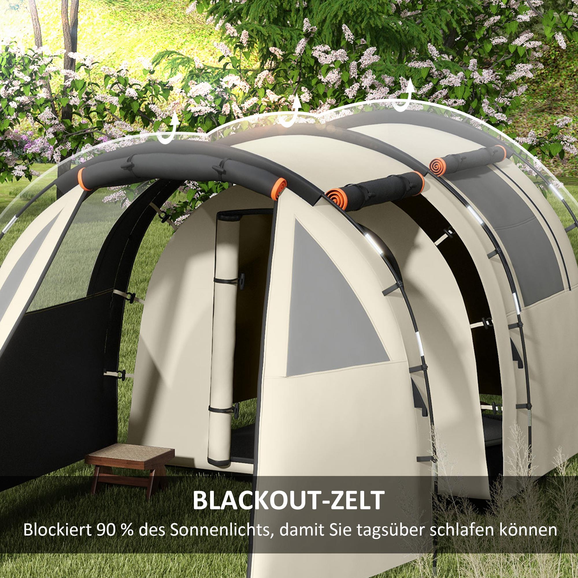 Outsunny Campingzelt für 4-5 Pers., abdunkelbare Fenster, wasserdicht, 180H x 460L x 230B cm, Khaki/Orange