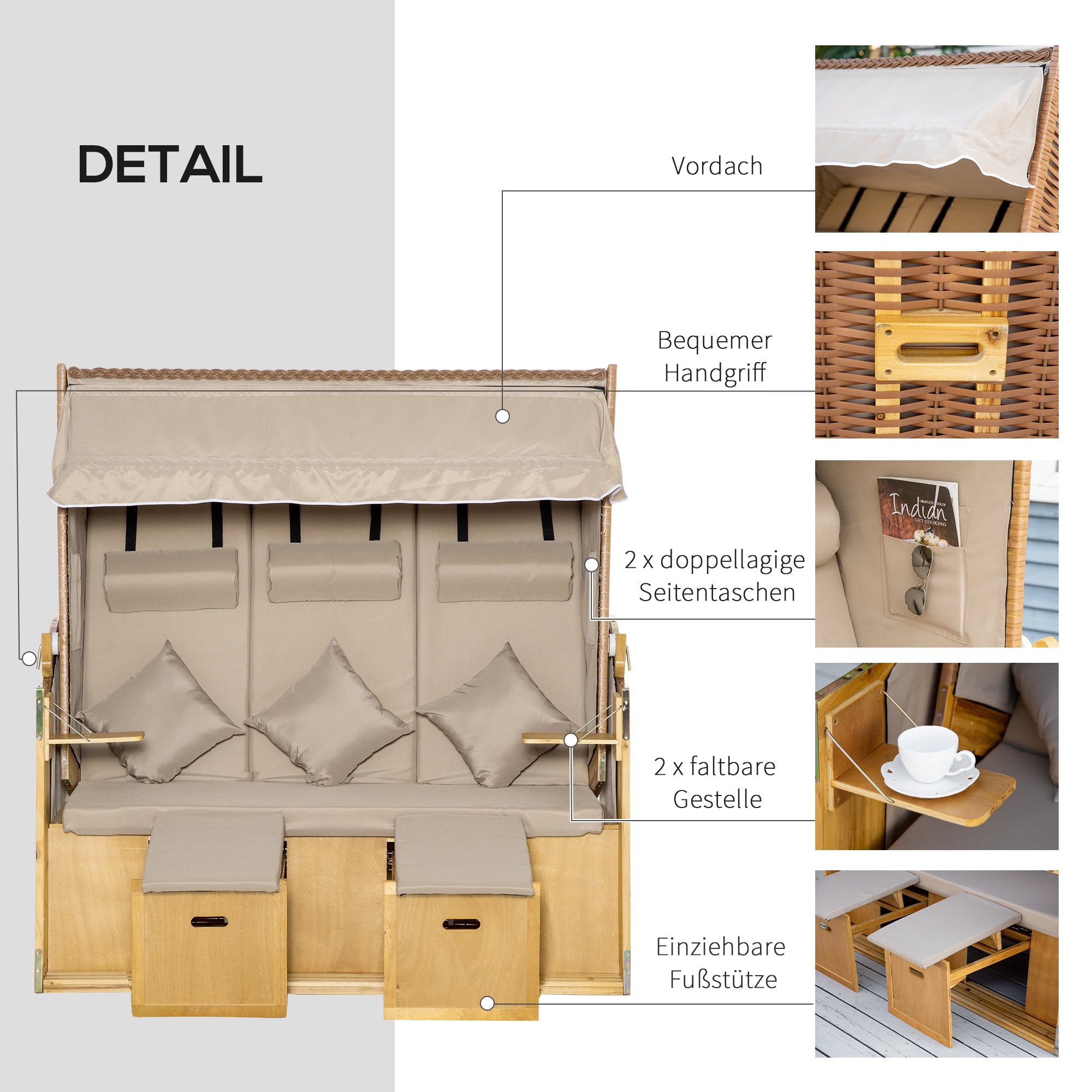 Outsunny Strandkorb 3-Sitzer Sonnenliege mit Dach 2 Klapptischen Fußstütze Chaiselongue 5-stufige Rückenlehne XXL Polyrattan Natur 150 x 79 x 160 cm