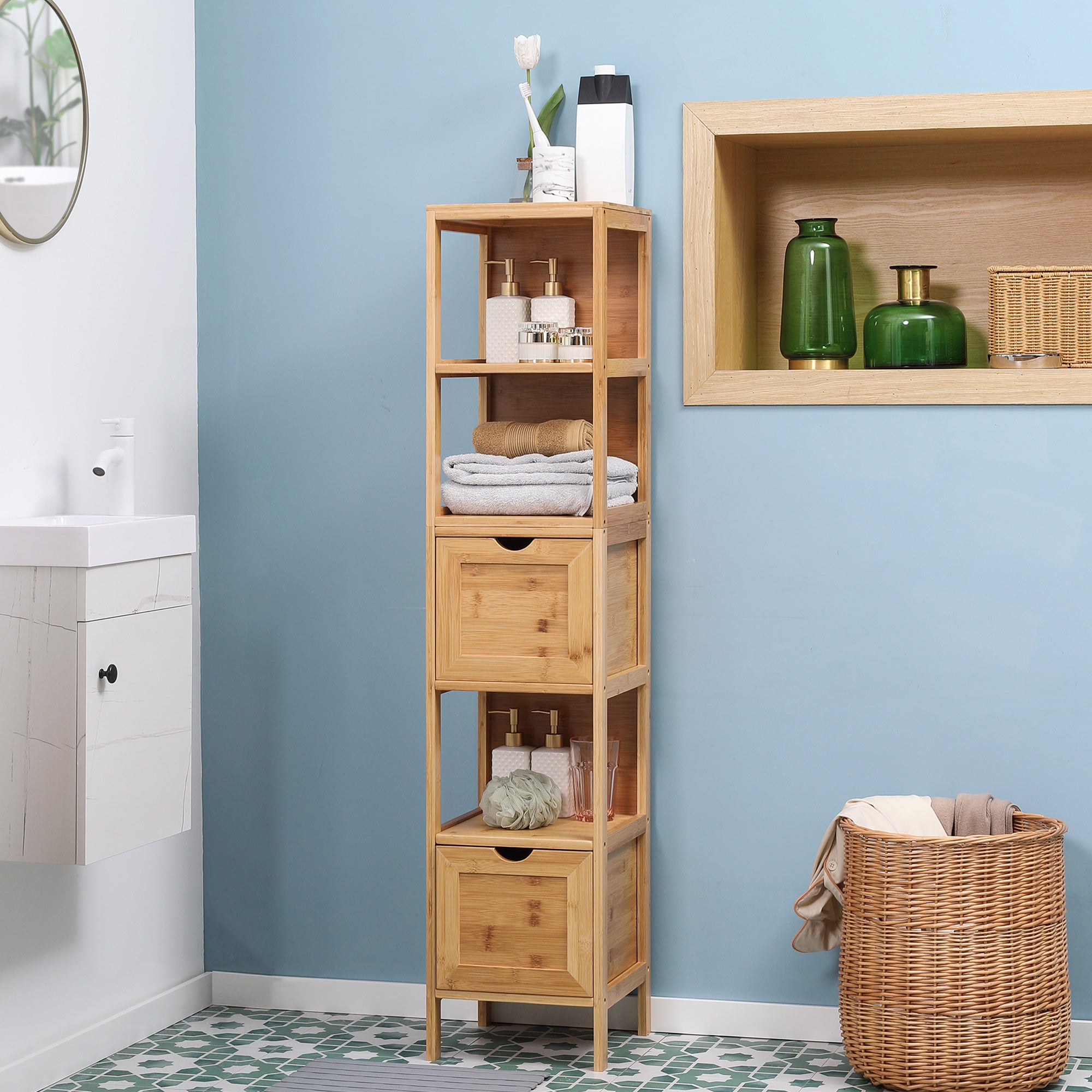 Kleankin Badezimmerschrank Hochschrank viel Stauraum Kippsicherung Bambus