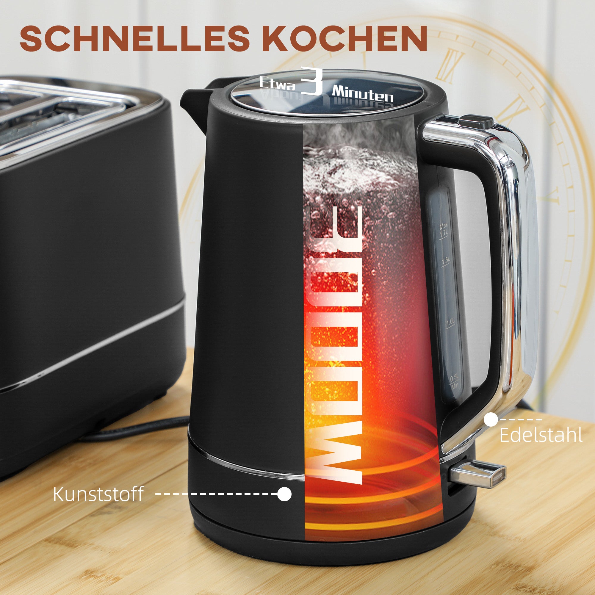 HOMCOM Set aus 1,7 L Wasserkocher und Toaster mit 6 Bräunungsstufen, Schwarz/Stahl