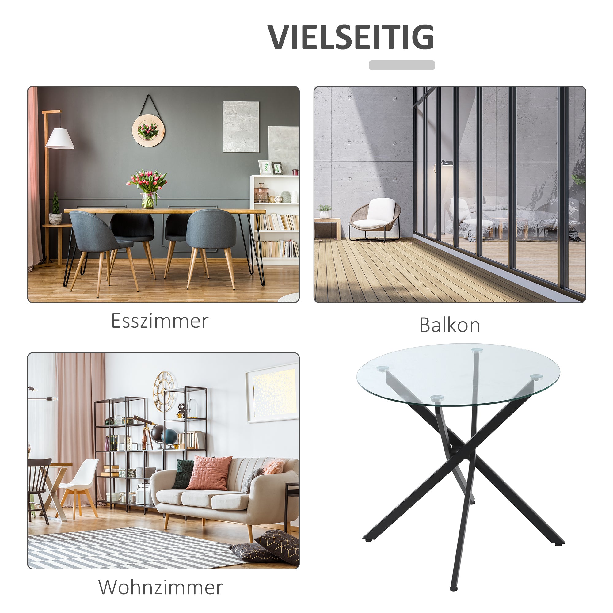 HOMCOM Moderner Glas-Esstisch, 80 cm Durchmesser, Küchentisch mit gehärteter Glasplatte und Metallbeinen, für 4 Personen