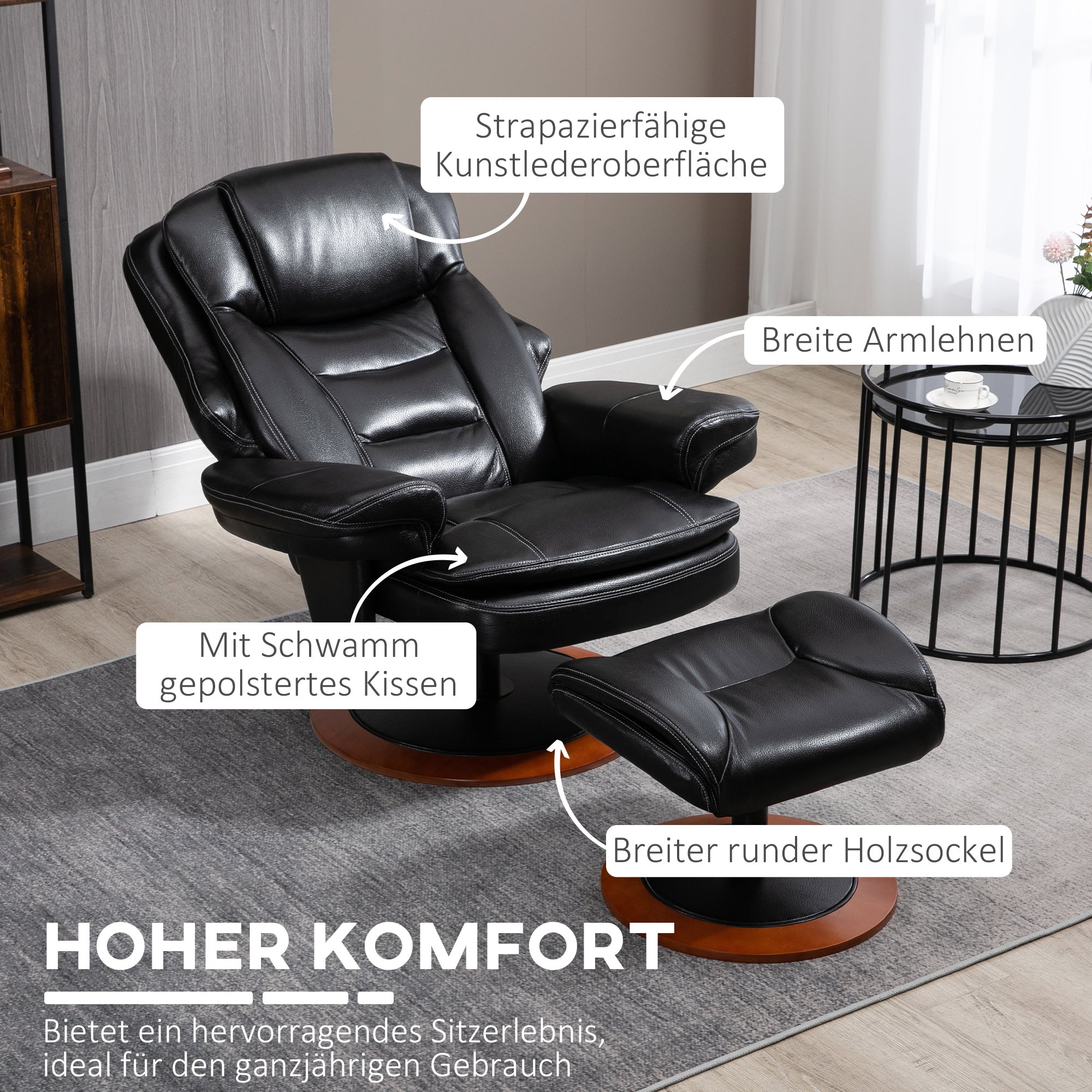 HOMCOM Relaxsessel mit Ottomane, Liegesessel, 360° drehbar, verstellbare Rückenlehen, Schwarz + Braun