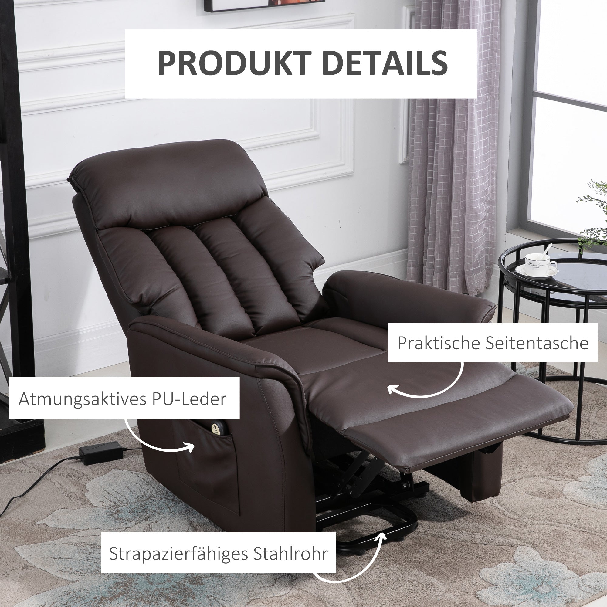 HOMCOM Relaxsessel Elektrisch Fernsehsessel mit Aufstehhilfe, Liegefunktion, TV Sessel mit Fußteil, Seitentasche, Fernbedienung, für Wohnzimmer, bis 150 kg, Kunstleder, Braun
