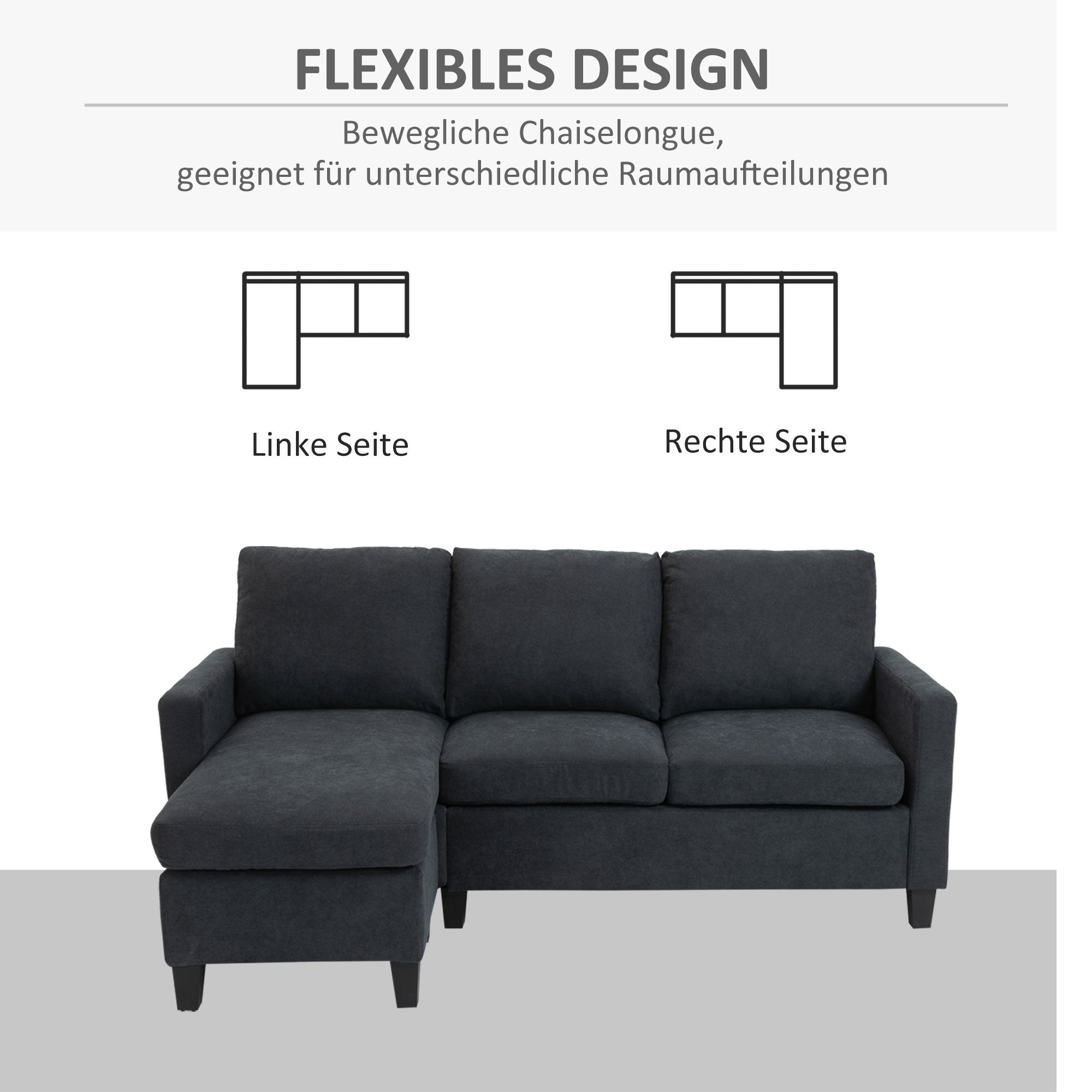 HOMCOM Ecksofa, Couchgarnitur, mit wendbarer Chaiselongue, 197 x 139 x 91cm, dunkelgrau