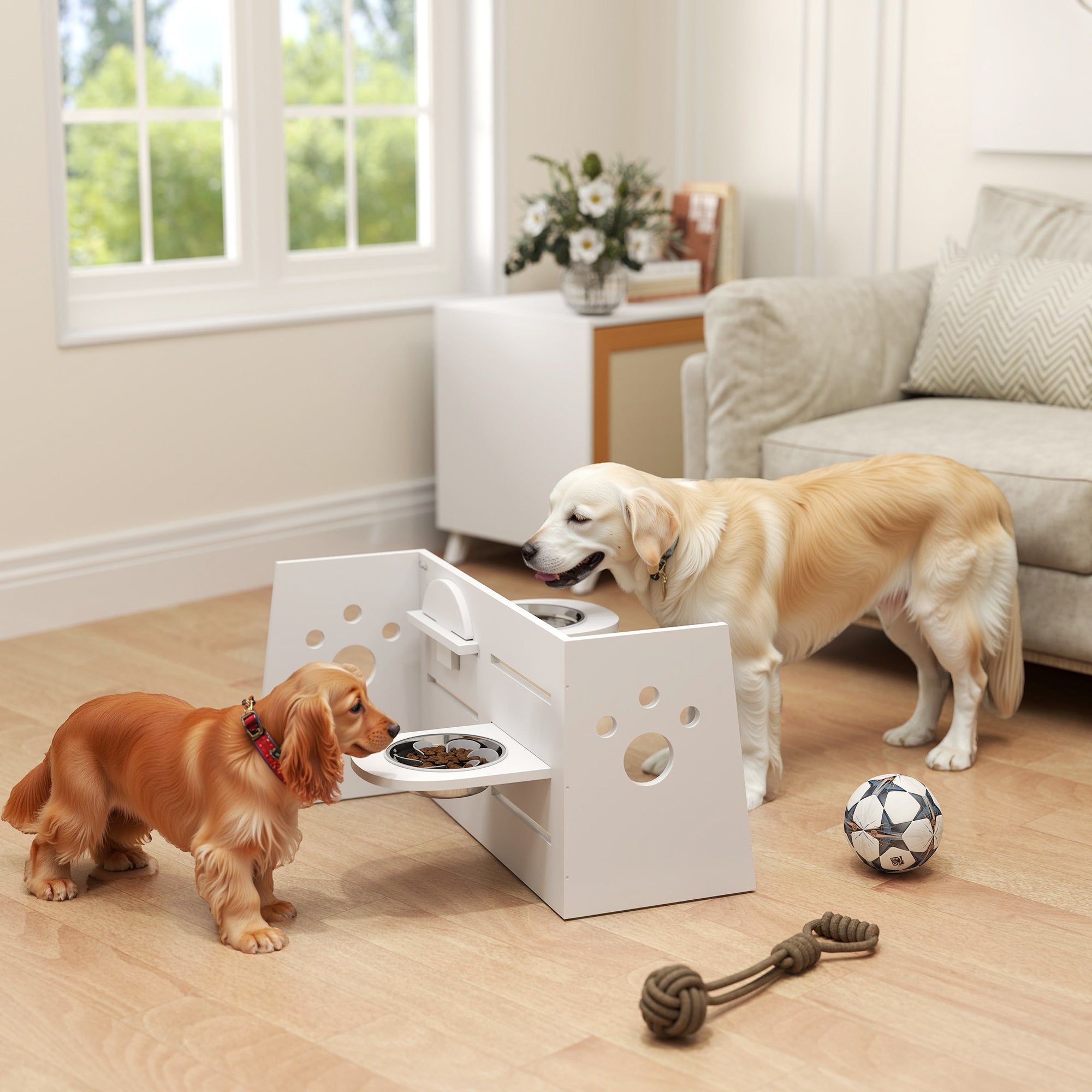 PawHut Hundefutternapf-Gestell, verstellbare Futternäpfe mit separatem Design, 2 Edelstahlschüsseln, Anti-Schling-Matte, Weiß
