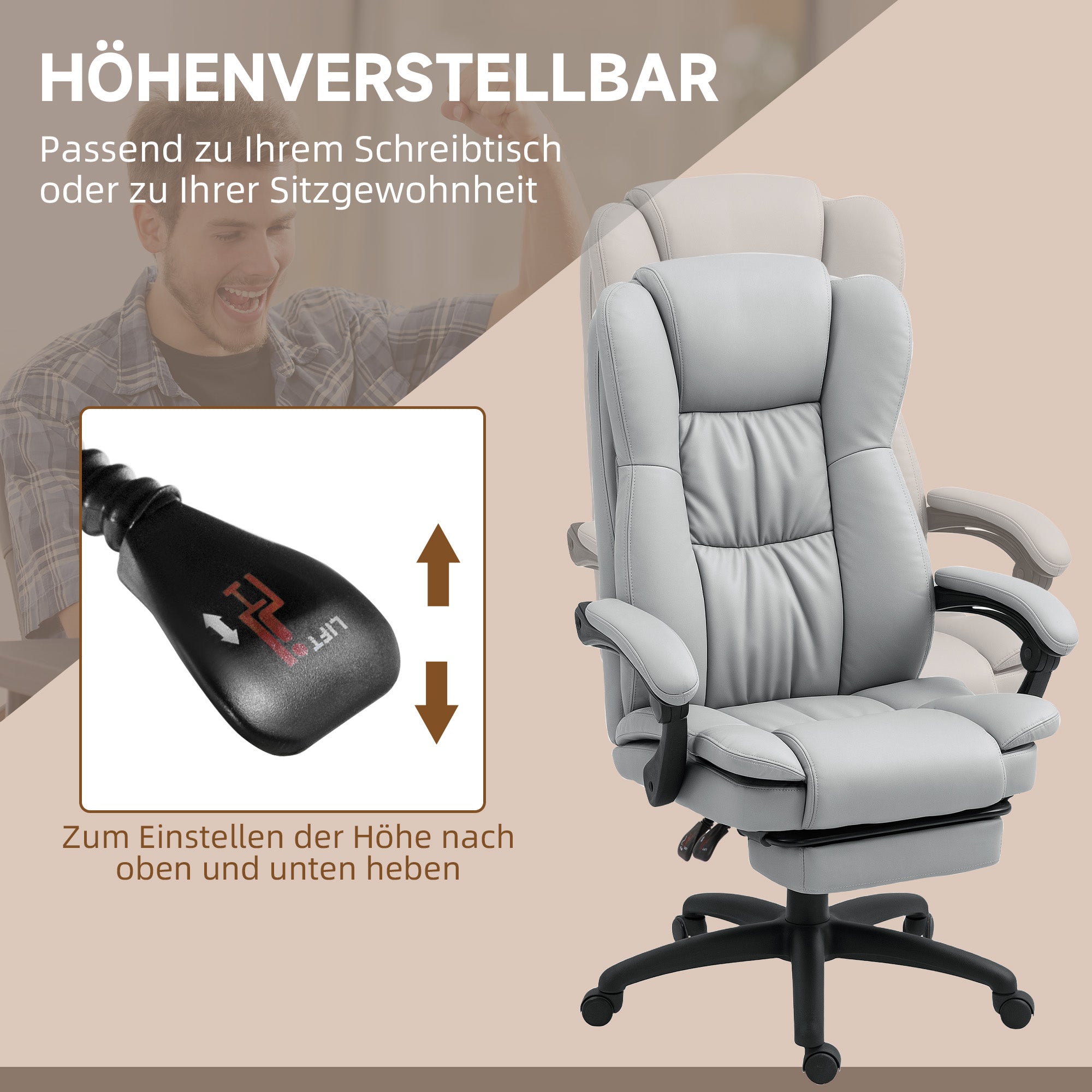 Vinsetto Verstellbarer Drehstuhl mit Fußstütze, Kopfstütze, Massagefunktion, Kunstleder, 68,5x68,5x113-121cm