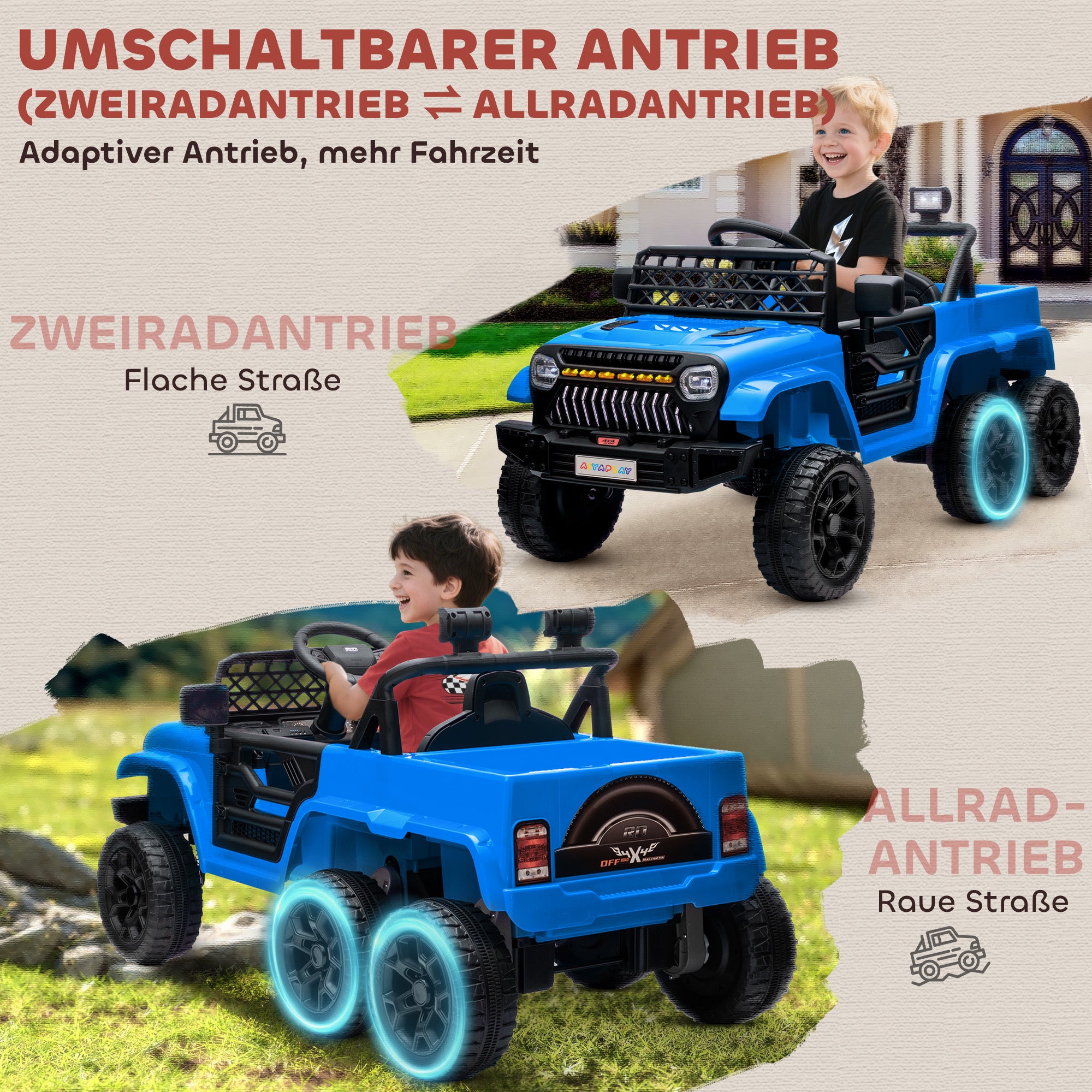 AIYAPLAY 12V Elektrisches Kinderauto, mit Anhänger, LED-Lichtern, Musik und Hupe, für Kinder im Alter von 3-8 Jahren, Hellblau