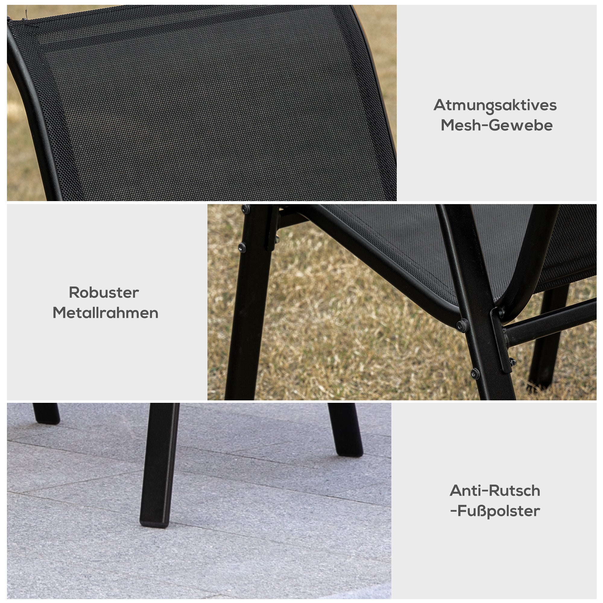 Outsunny Gartenstuhl 2er Set wetterfest Gartenstühle Stapelstuhl mit Armlehne Rückenlehne stapelbar Terrassenstuhl bis 120 kg belastbar Gartenmöbel für Hinterhof, Garten, Balkon Schwarz