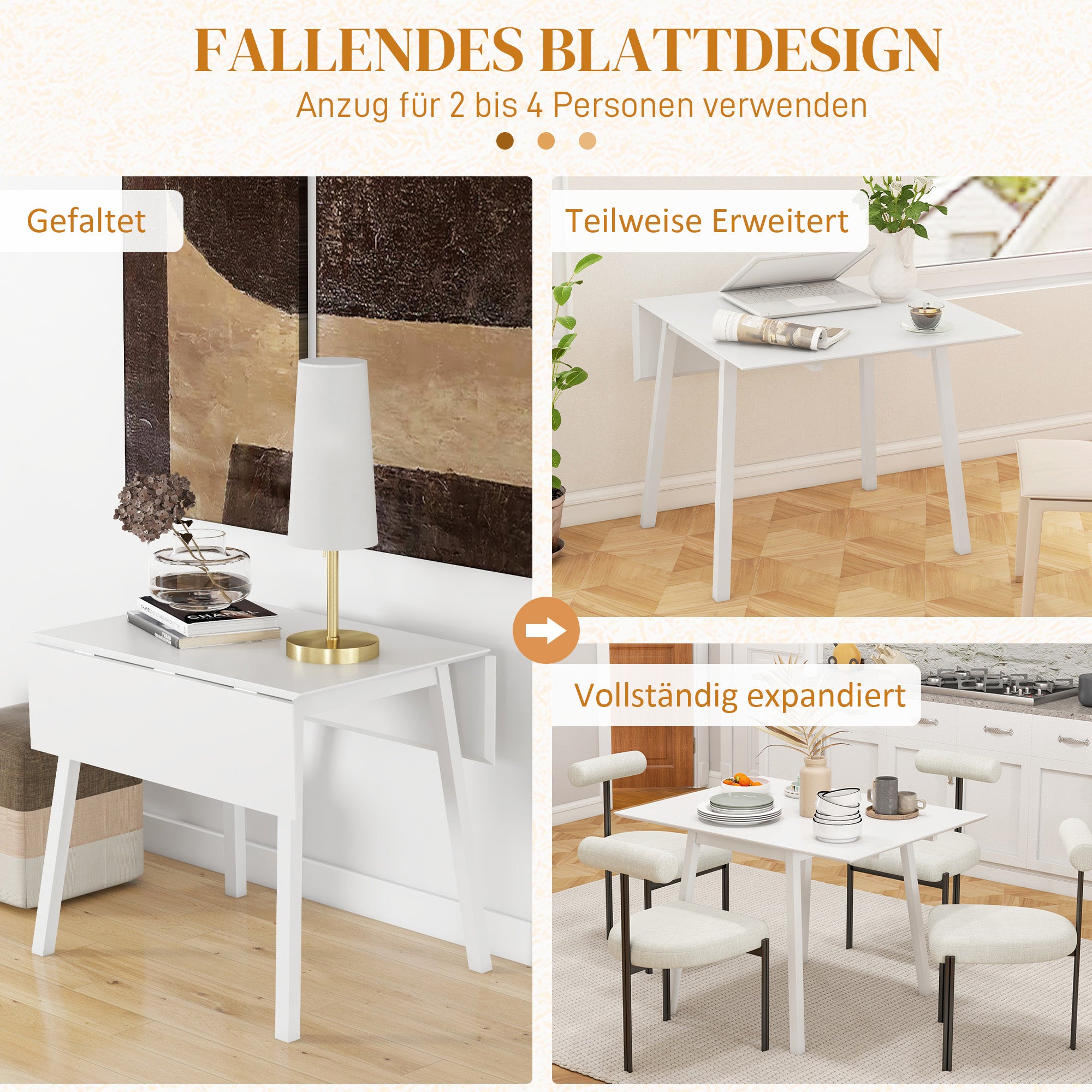 HOMCOM Esstisch Klapptisch Küchentisch, 2 aufklappbare Flächen, 110 x 86 x 75 cm, Weiß