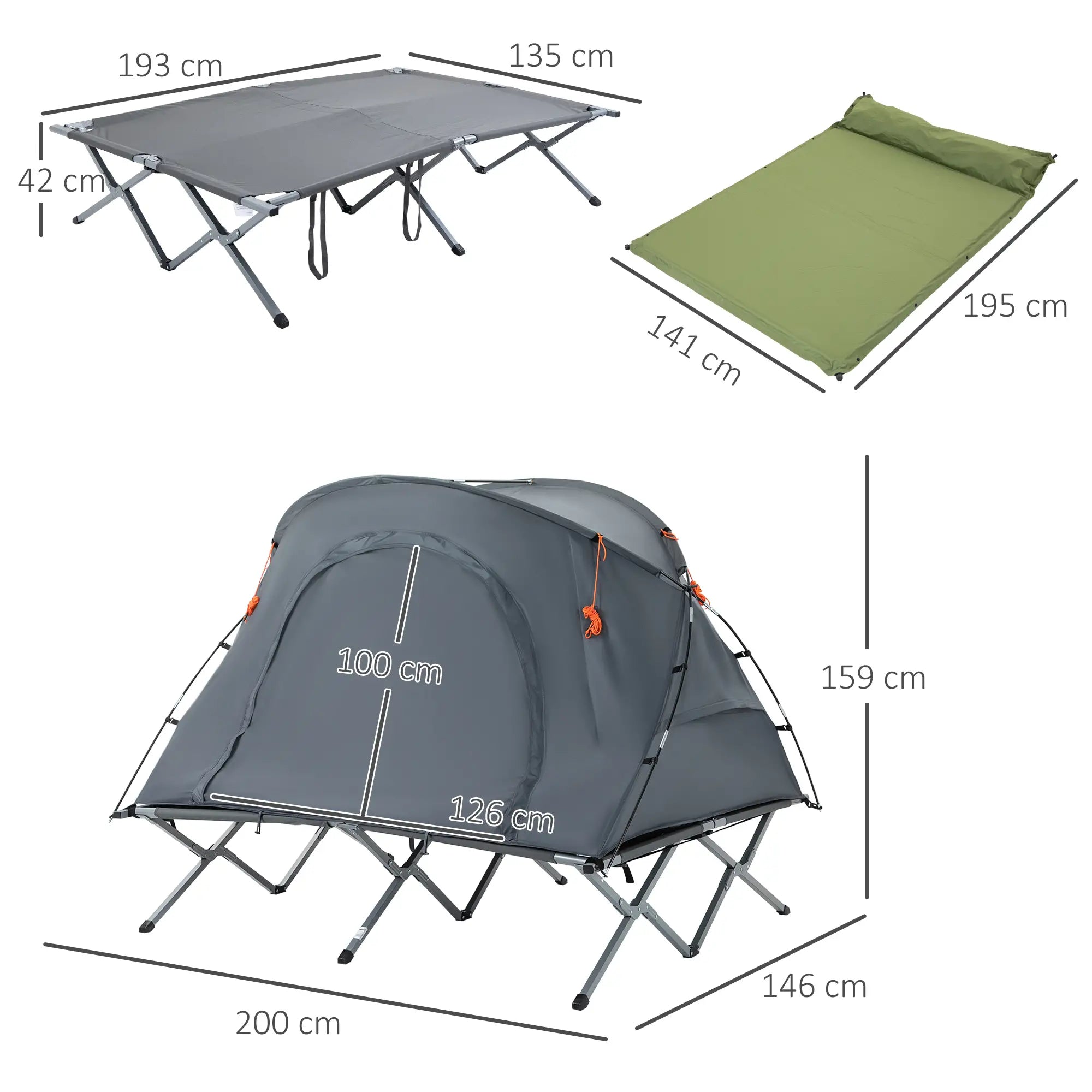 Outsunny Campingbett mit Zelt & Luftmatratze für 2 Personen, 200×146×159?cm, Grau