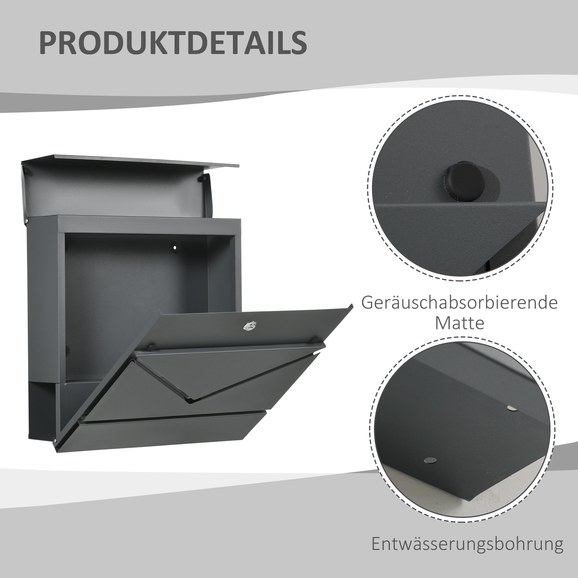 HOMCOM Briefkasten mit Deckel, 2 untere Abflusslöcher, Stahl, mit Schloss, Grau