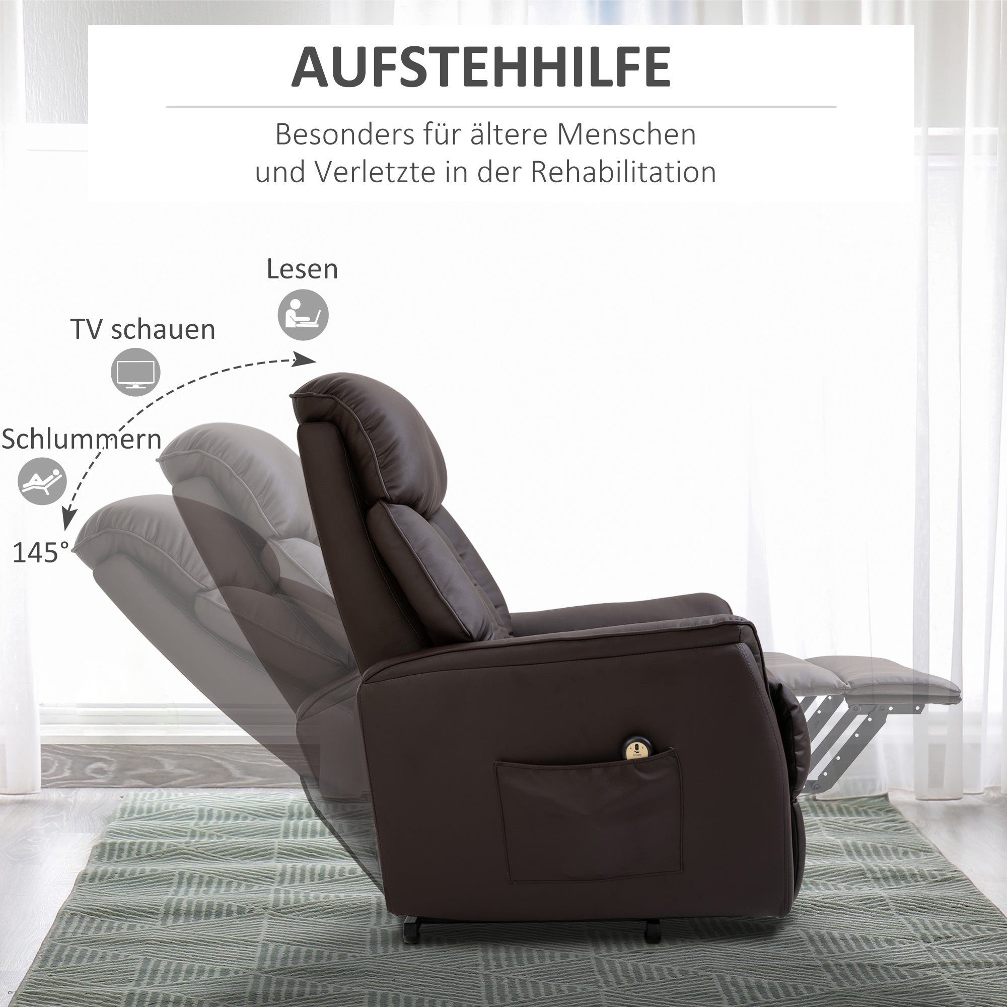HOMCOM Relaxsessel Elektrisch Fernsehsessel mit Aufstehhilfe, Liegefunktion, TV Sessel mit Fußteil, Seitentasche, Fernbedienung, für Wohnzimmer, bis 150 kg, Kunstleder, Braun