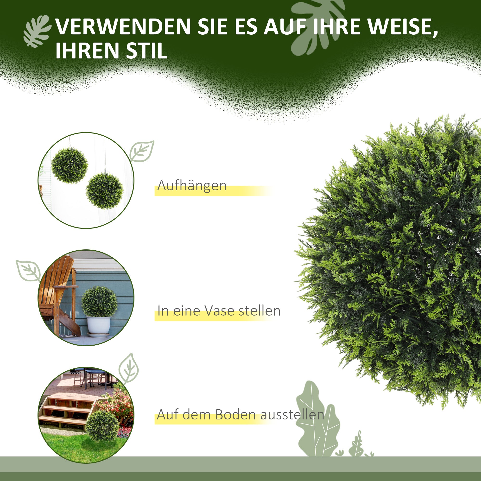 HOMCOM Künstliche Pflanzen im 2er-Set, UV-beständige dekorative Pflanzen, Deko-Pflanzen, Indoor, Outdoor, 45 cm, Grün