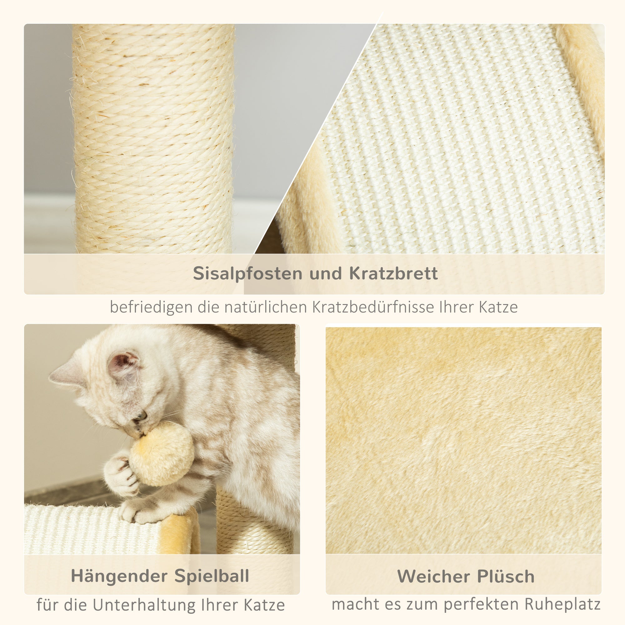PawHut Kratzbaum Katzenbaum mit Spielbällen Katzenkratzbaum Sisalseil-Kratzstangen Beige 35,5 x 37 x 46 cm