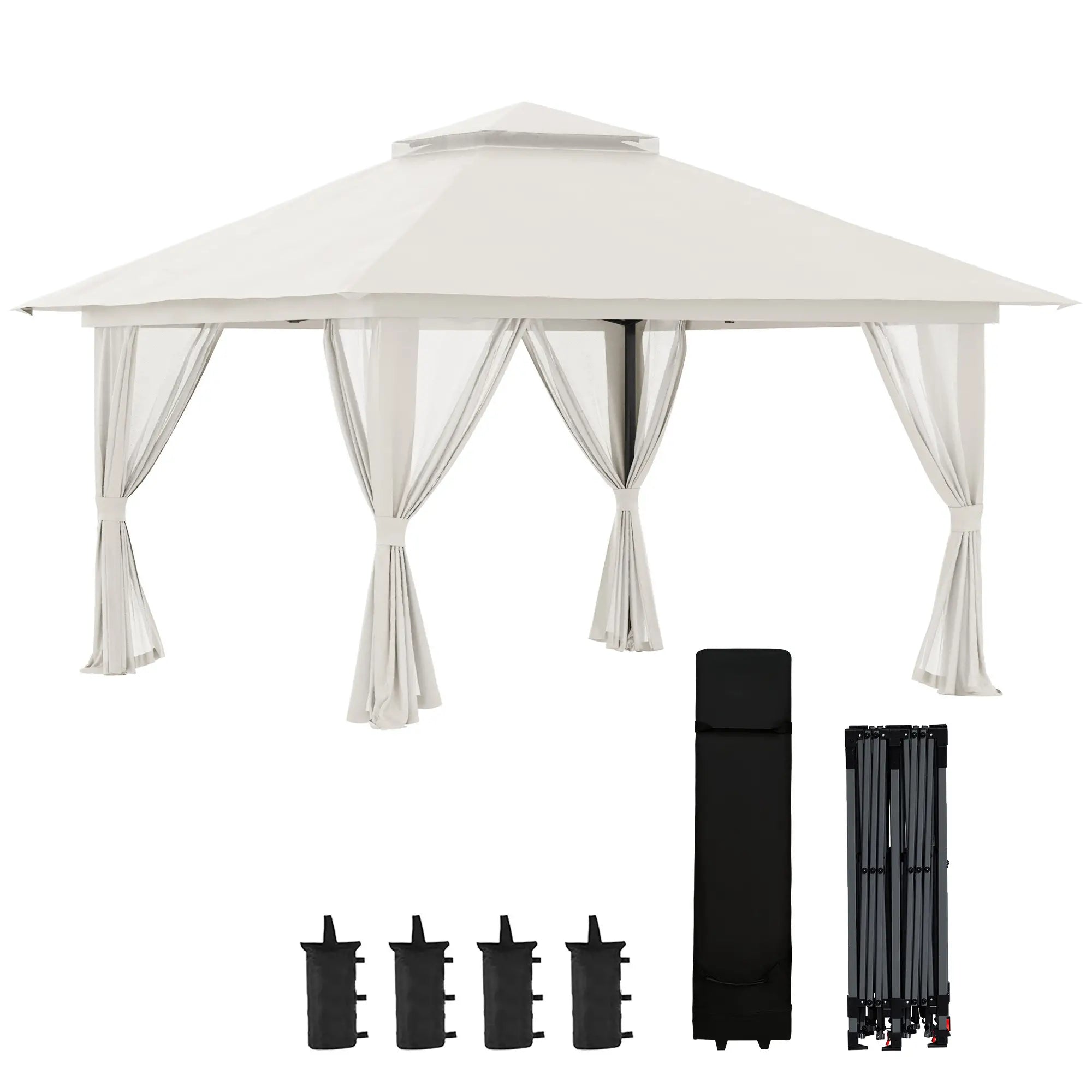 Outsunny Faltpavillon, höhenverstellbar, 4 Netzwände, Lüftungsdach, Tragetasche, Schnellaufbau, 4 x 4 x 3 m, Cremeweiß