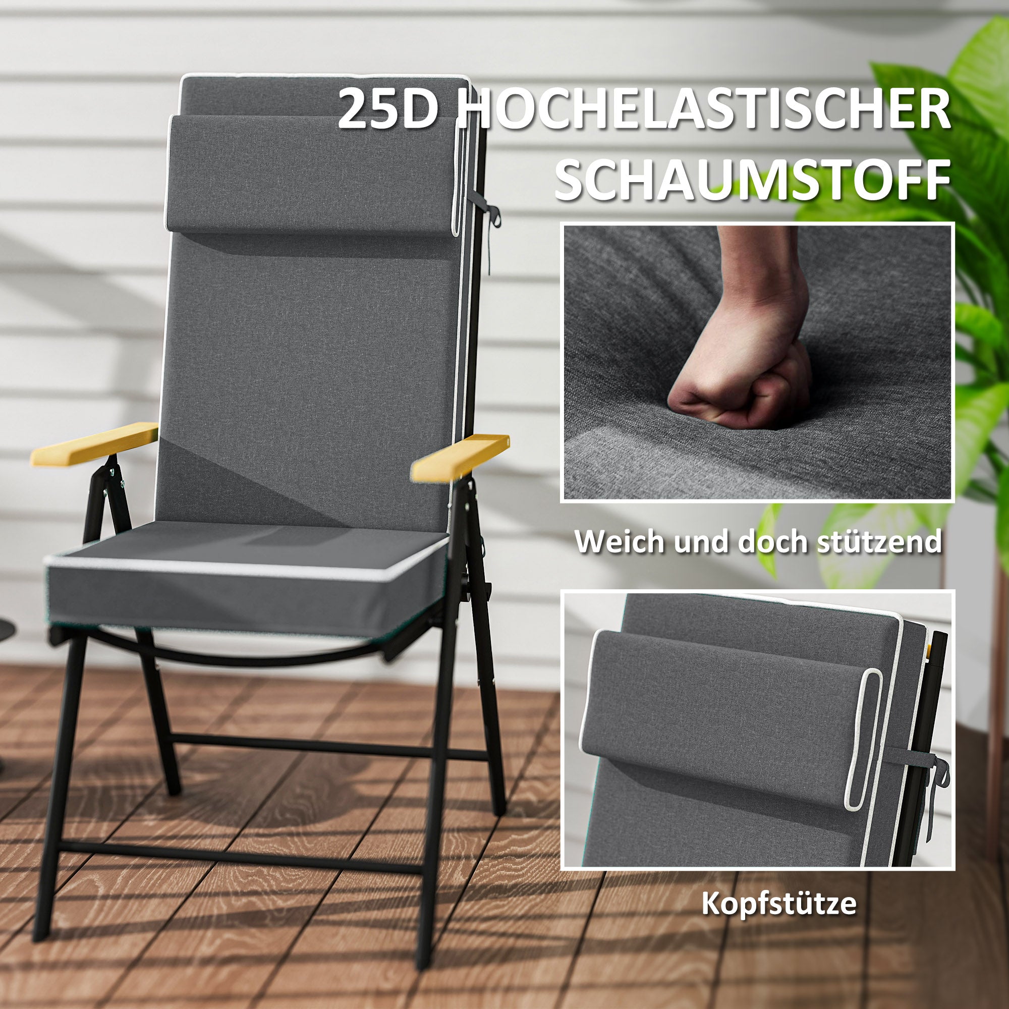 Outsunny Sitzkissen 120 x 47 x 9,5 cm wasserabweisend Stuhlkissen mit Bändern, Kopfstütze, UPF50+ Dunkelgrau