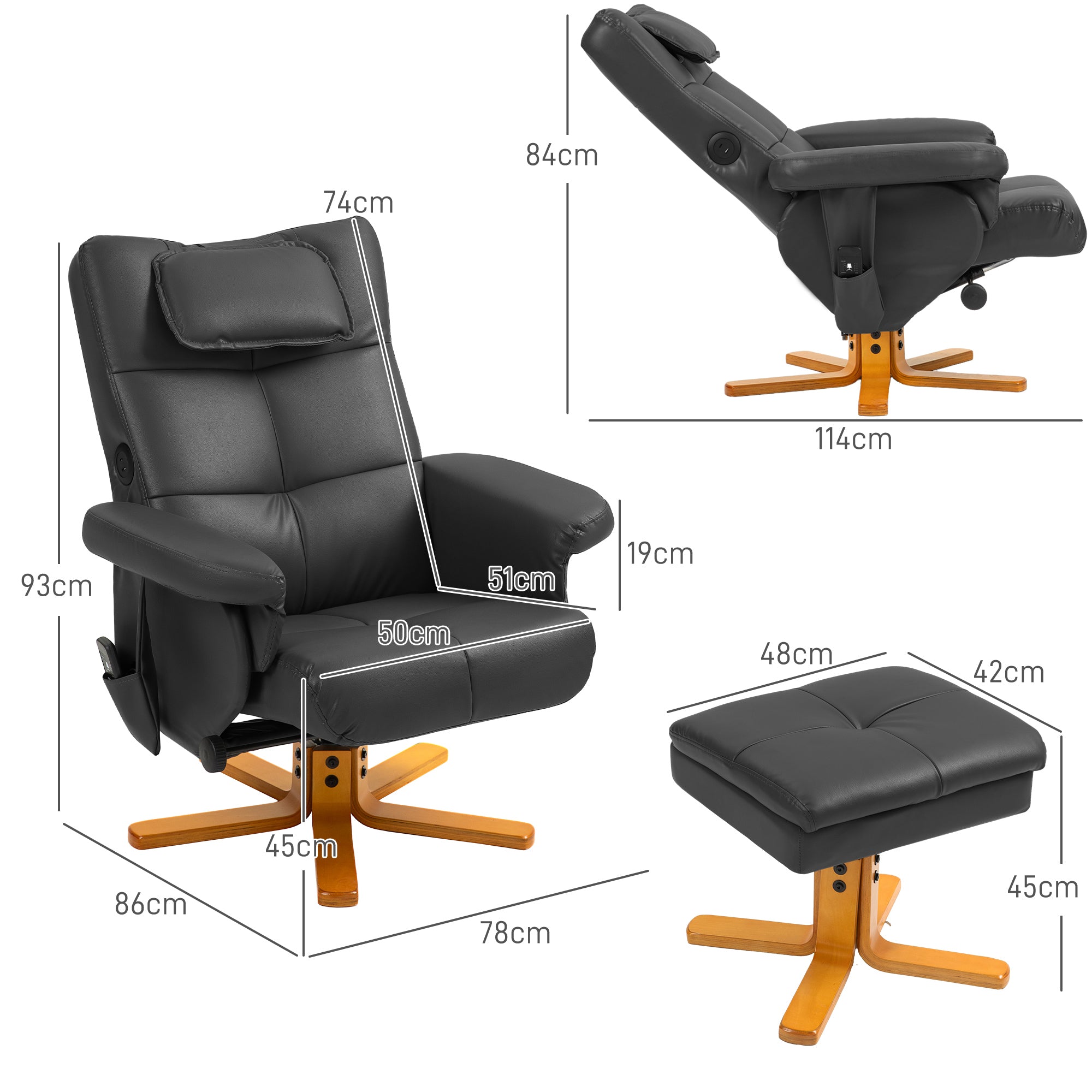 HOMCOM Massagesessel mit Hocker, verstellbare Lehne, USB-Ladeport, Lederoptik, bis 150 kg, Schwarz