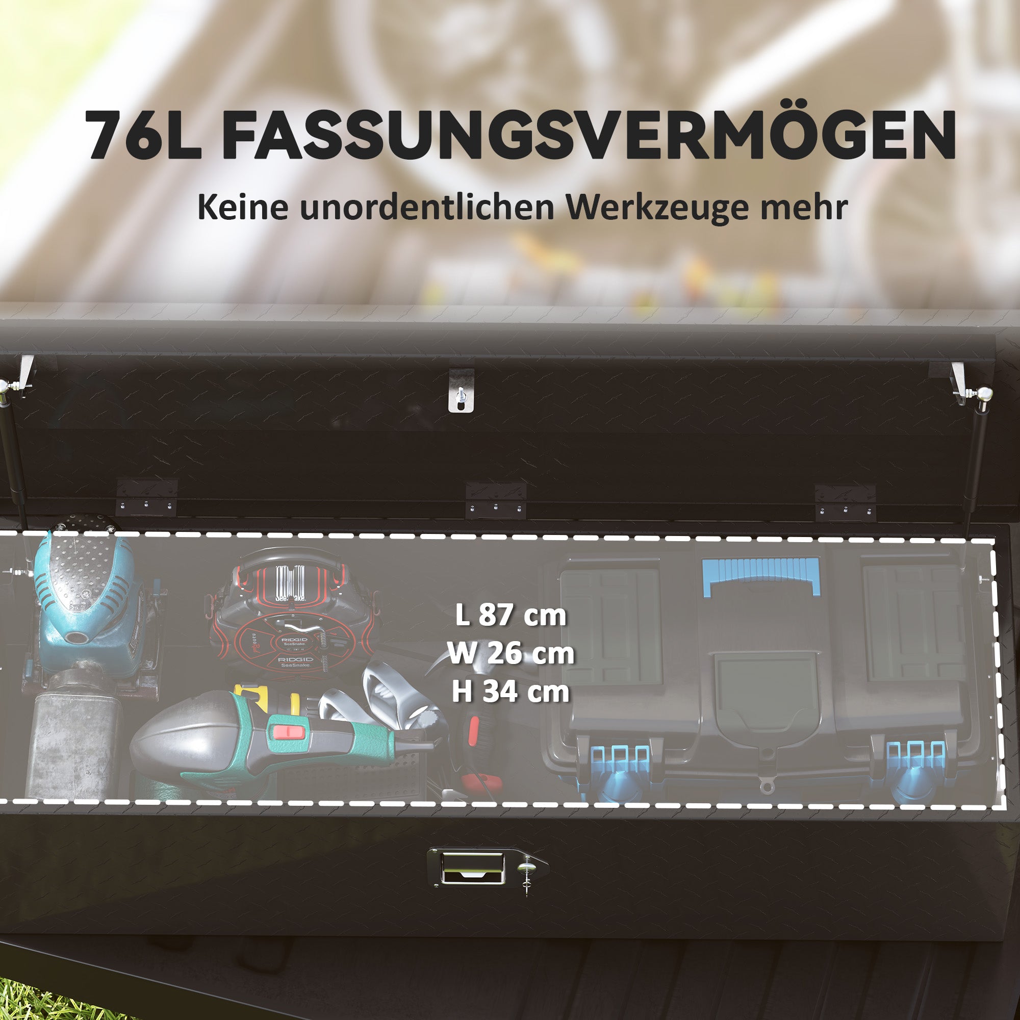 HOMCOM Stabile Aufbewahrungskiste aus Aluminium mit Seitengriffen, Schloss und Schlüsseln, Werkzeugkasten, 99 x 33 x 25,4 cm