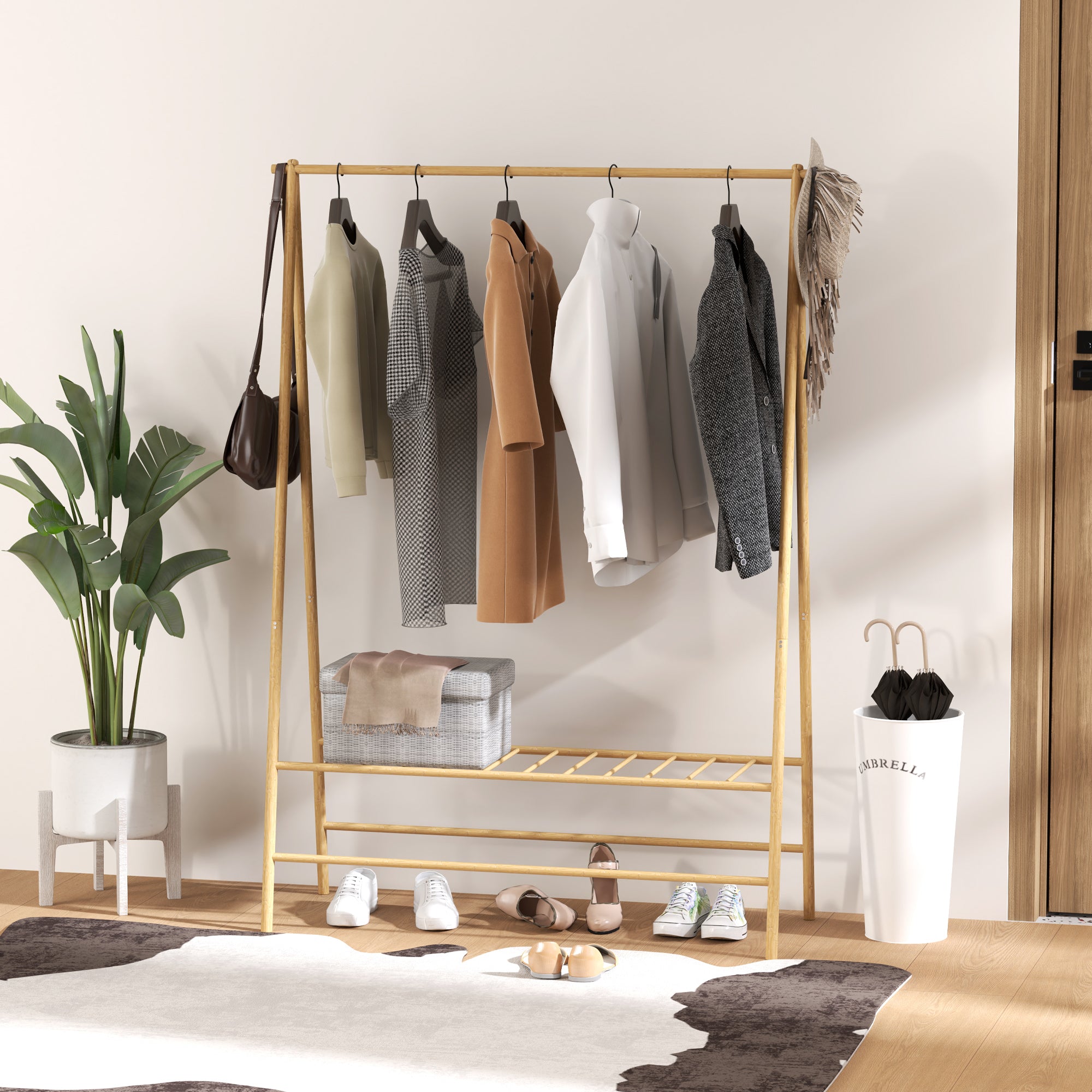 HOMCOM Bambus-Kleiderständer mit Schuhregal und Haken, freistehend, für Eingangsbereich, Schlafzimmer, Naturholz