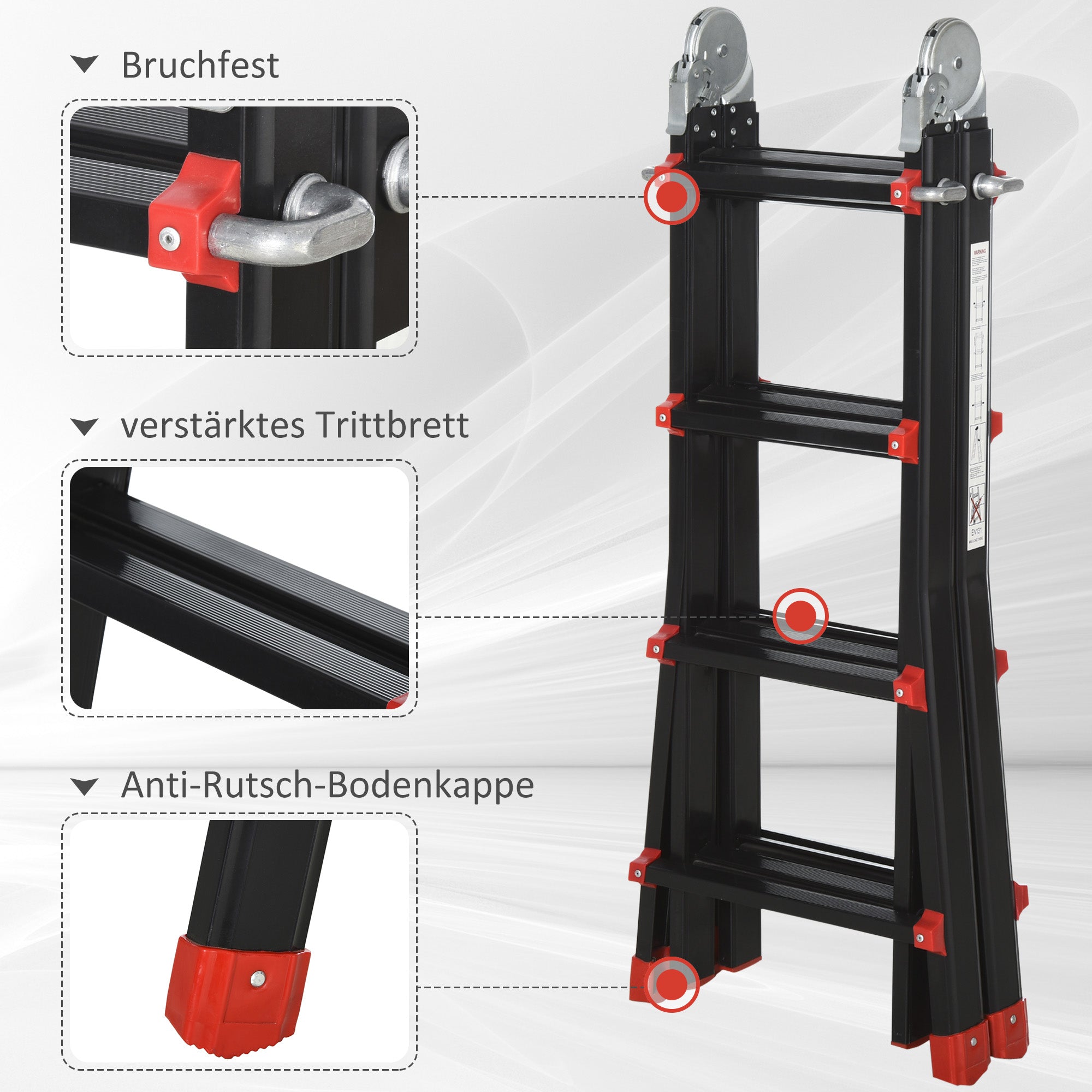 HOMCOM Teleskopleiter, rutschfeste Stufen, bis 150 kg belastbar, Aluminium, Schwarz+Rot